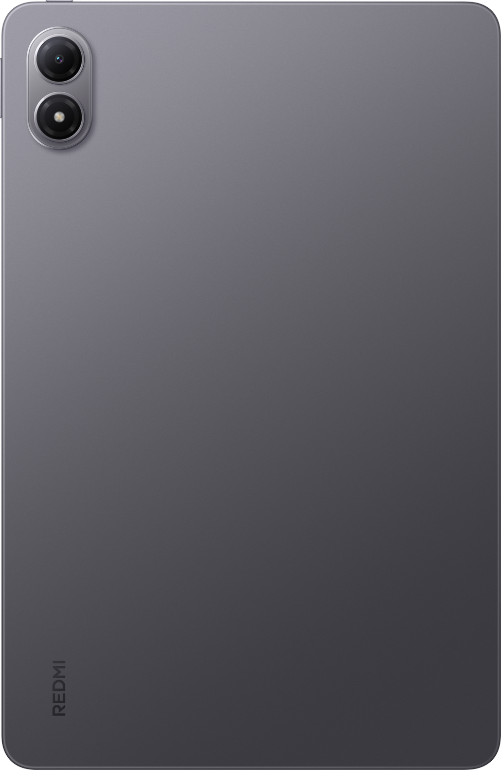 Parte trasera de tableta gris. Arriba a la izquierda, dos lentes de cámara. Logotipo de Redmi abajo. La tableta es rectangular con esquinas redondeadas.
