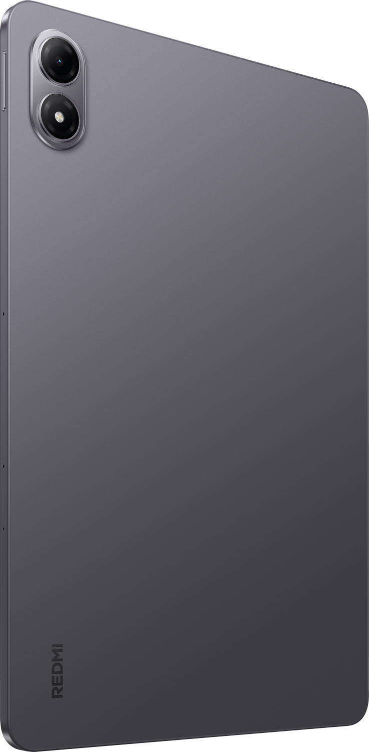 Parte trasera de una tableta Redmi gris. Lentes de cámara duales en la parte superior. El logotipo de Redmi en la parte inferior. Sobre fondo gris.