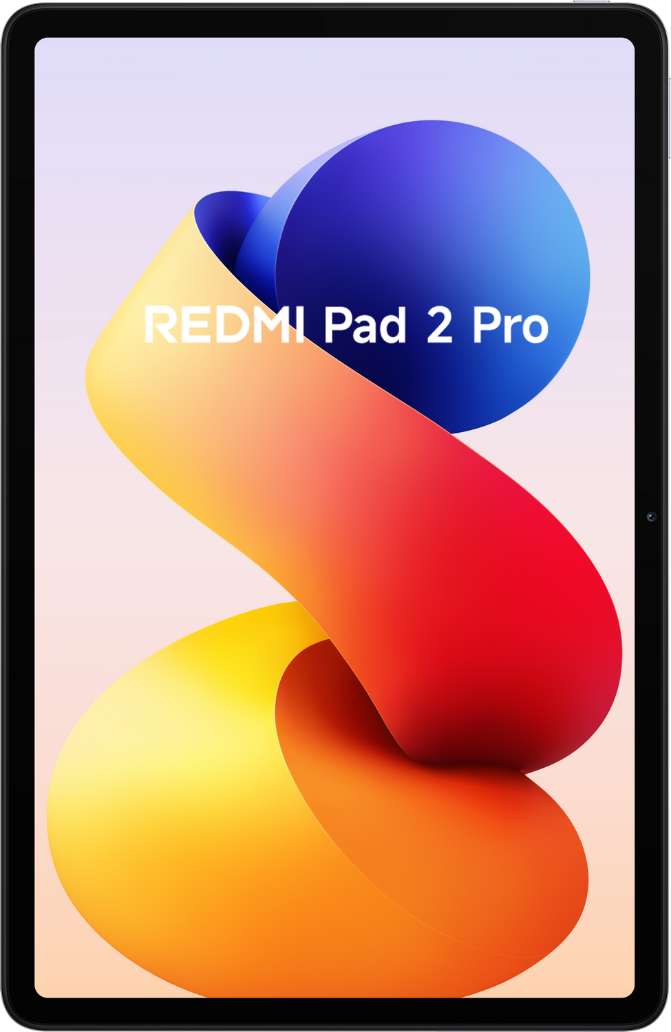 Una tableta con un diseño abstracto y colorido. El texto 'REDMI Pad 2 Pro' es visible. El fondo es un degradado de colores.