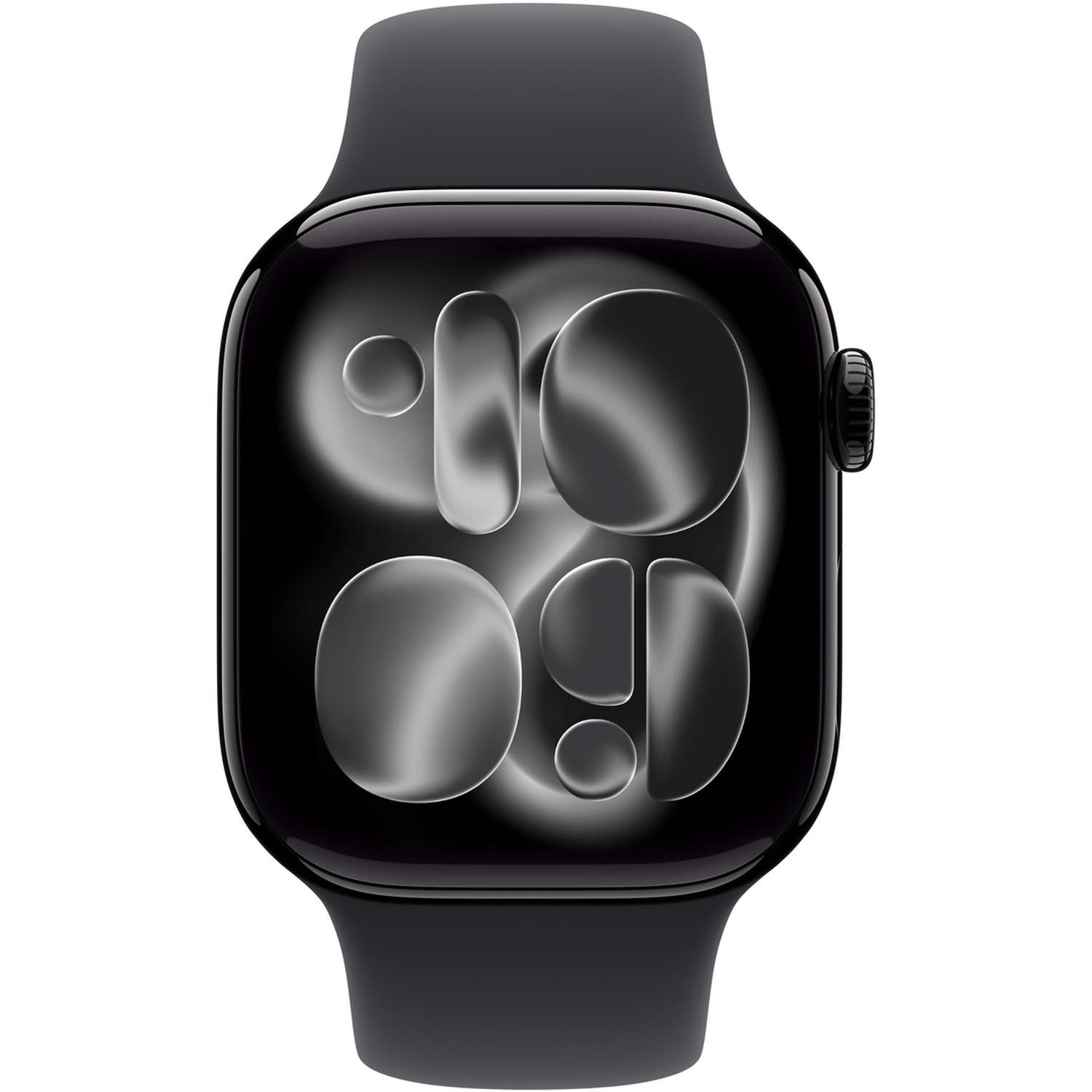 Une Apple Watch noire avec un bracelet noir. Le cadran affiche une image en niveaux de gris de l'heure.