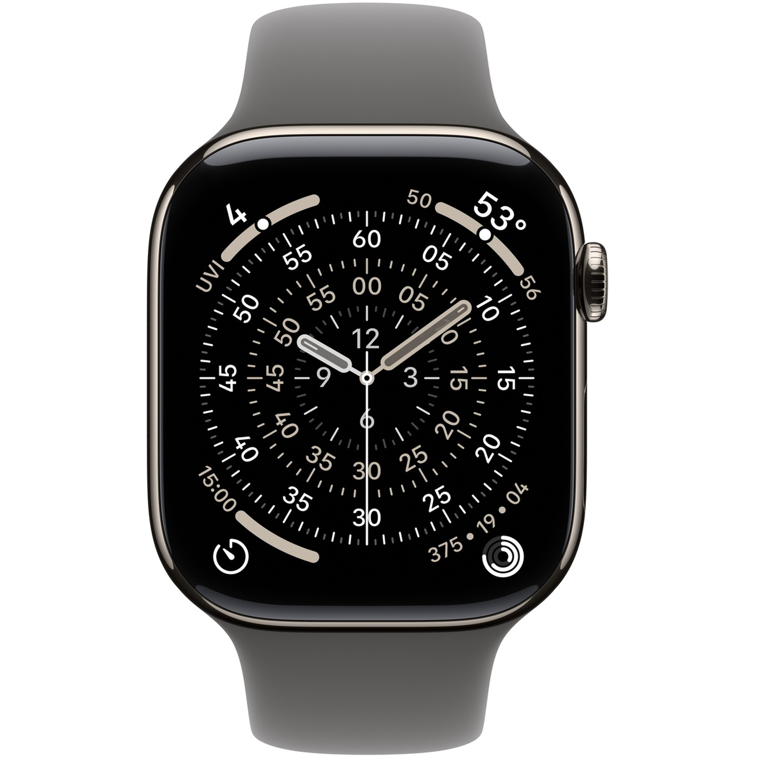 Une Apple Watch avec écran noir affiche l'heure. La montre a un bracelet gris et un bord métallique.