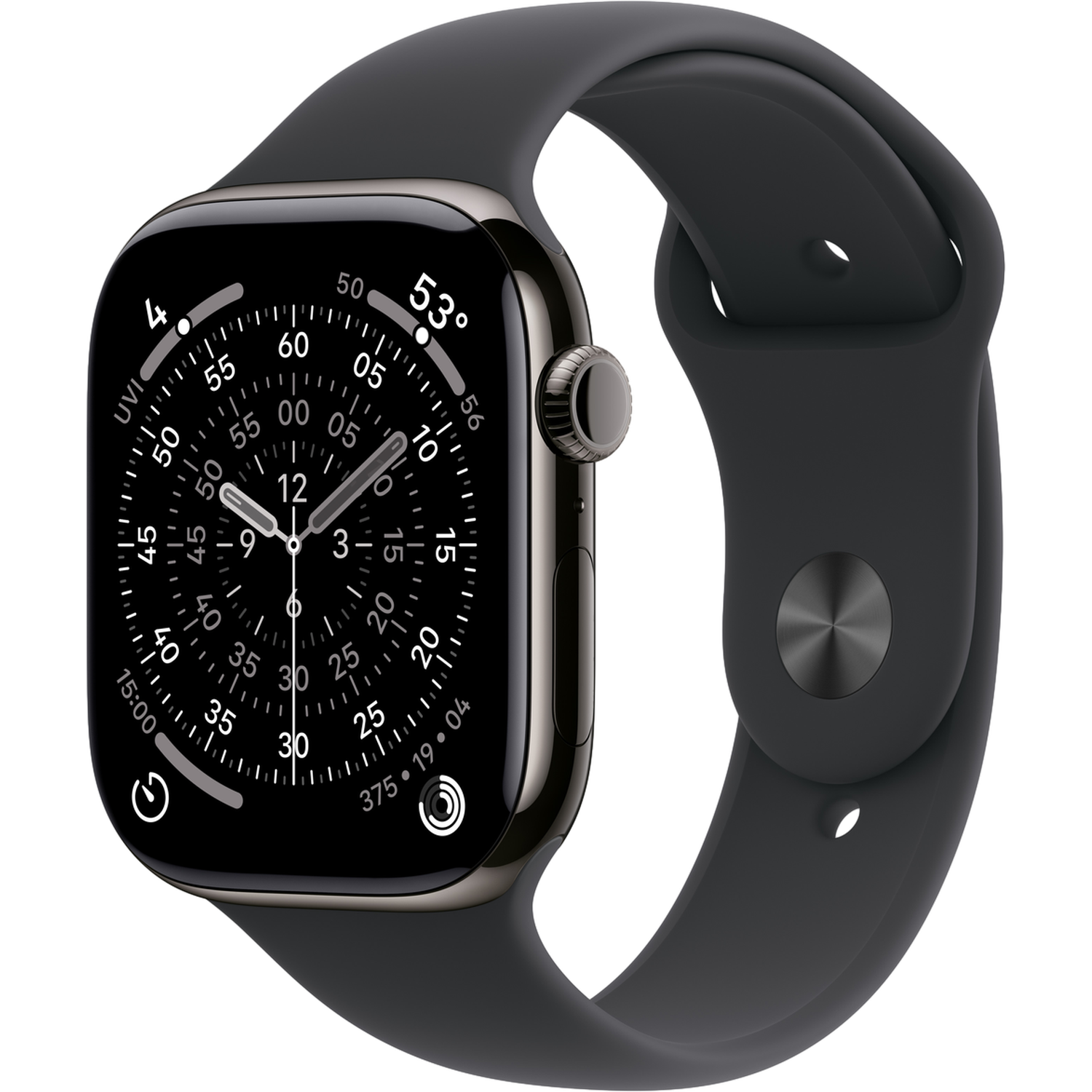 Une Apple Watch gris foncé avec un écran noir affichant l'heure et les statistiques, avec un bracelet gris foncé assorti sur fond noir.