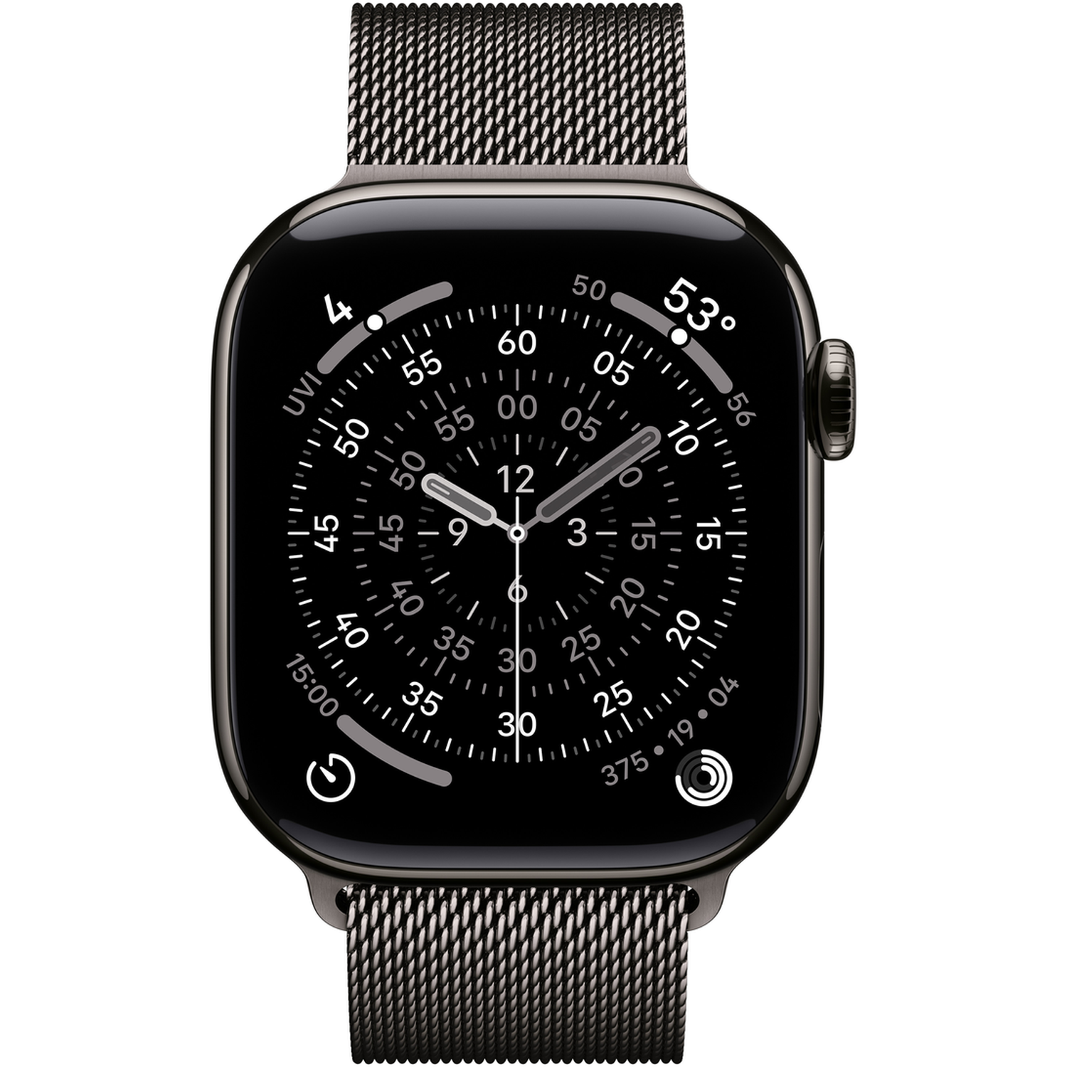 A black smartwatch with a metal band. The watch face displays the time and various functions. The time is around 12:00.