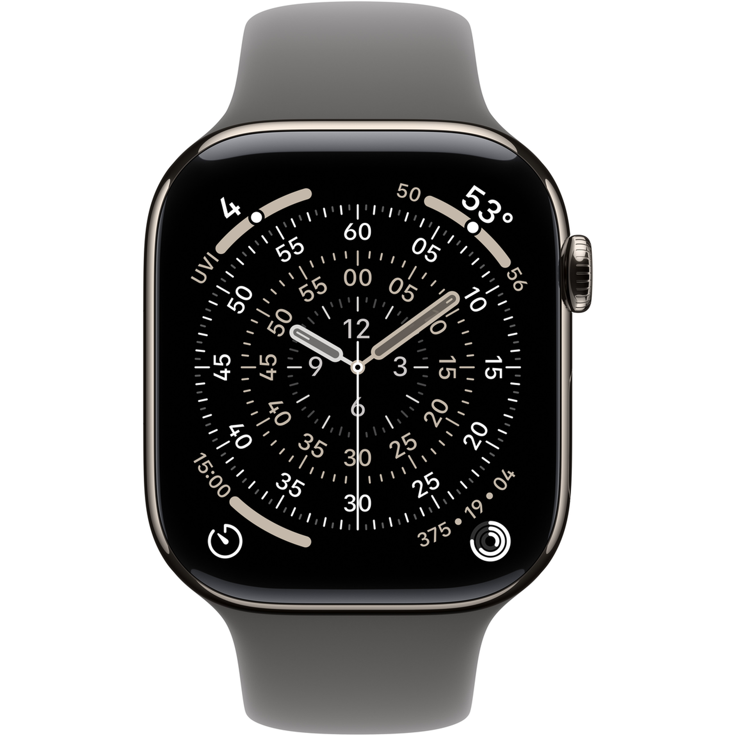 Une montre connectée avec un écran noir affichant l'heure. La montre a un bracelet gris et un cadre métallique.