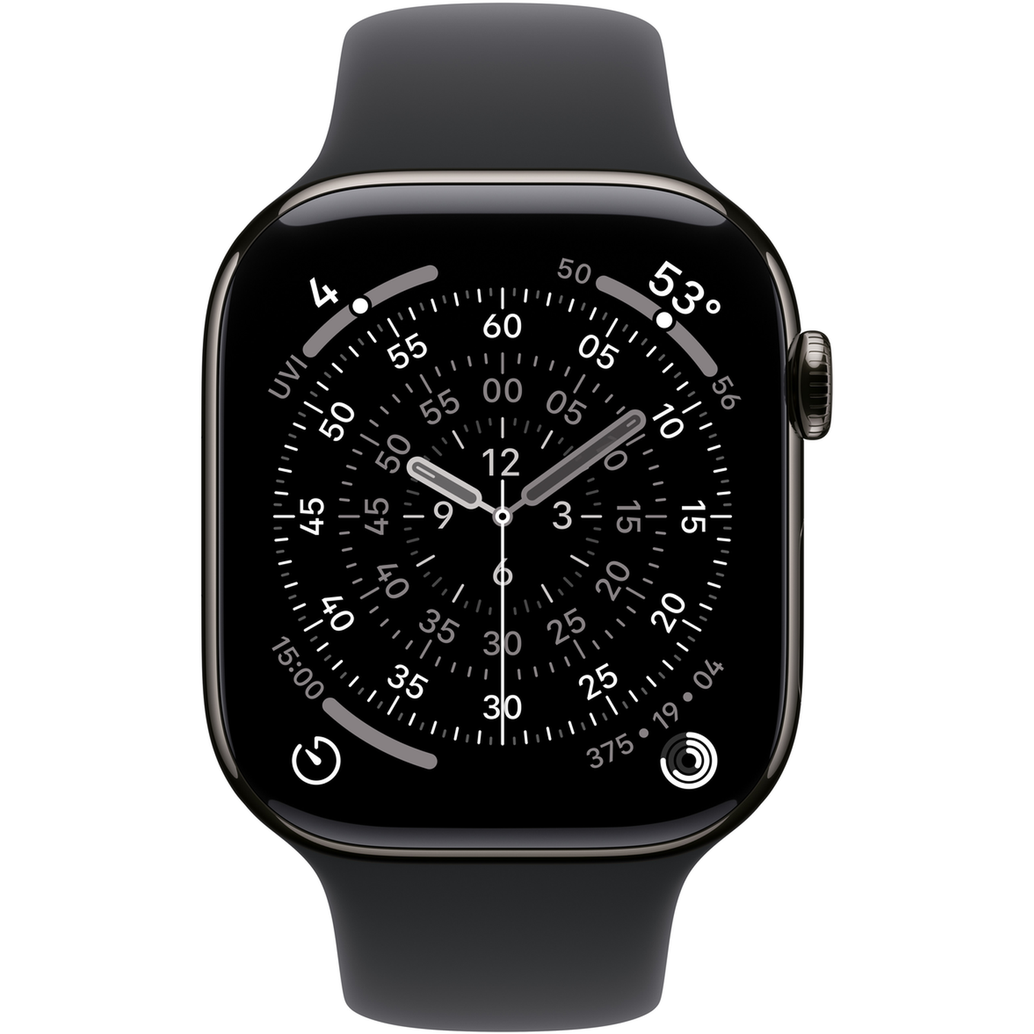 Une smartwatch noire avec un bracelet noir. Le cadran affiche des chiffres et des aiguilles indiquant l'heure. La lunette a une finition métallique.