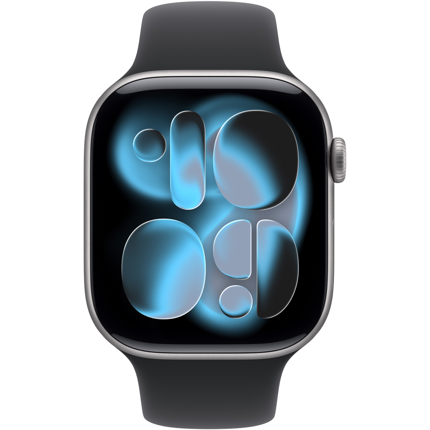 Een donkergrijze smartwatch met een zwart scherm met een blauwe en witte wijzerplaat. De band is donkergrijs.