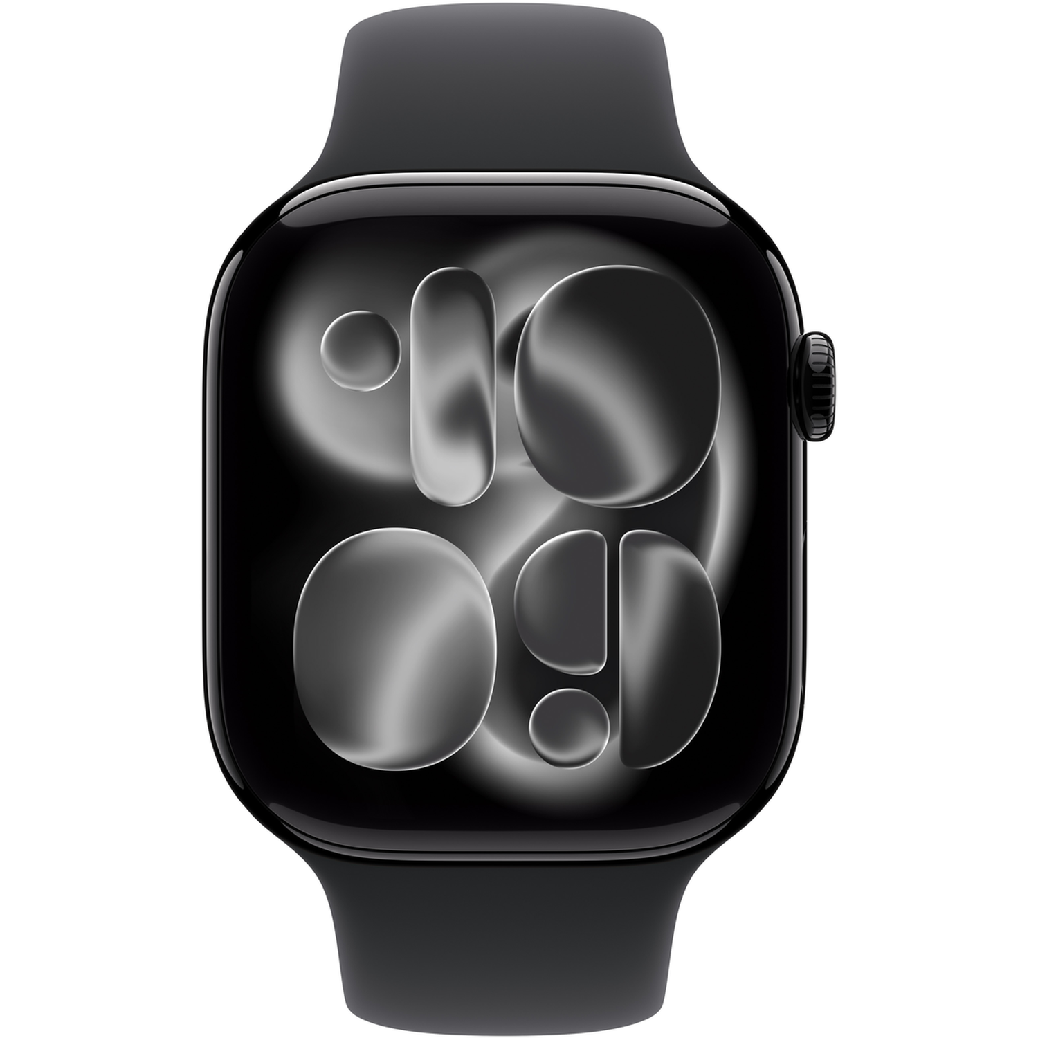 Een zwarte Apple Watch. Het scherm toont een digitale klok. Het horloge heeft een zwarte band en een knop aan de zijkant.