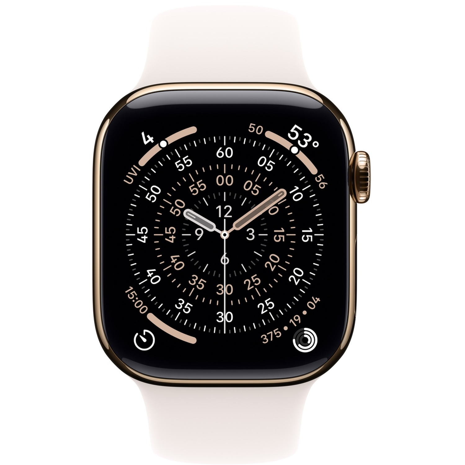 Une Apple Watch dorée affiche l'heure. Elle a un écran noir avec des chiffres et des aiguilles blanches. Un bracelet blanc est attaché.