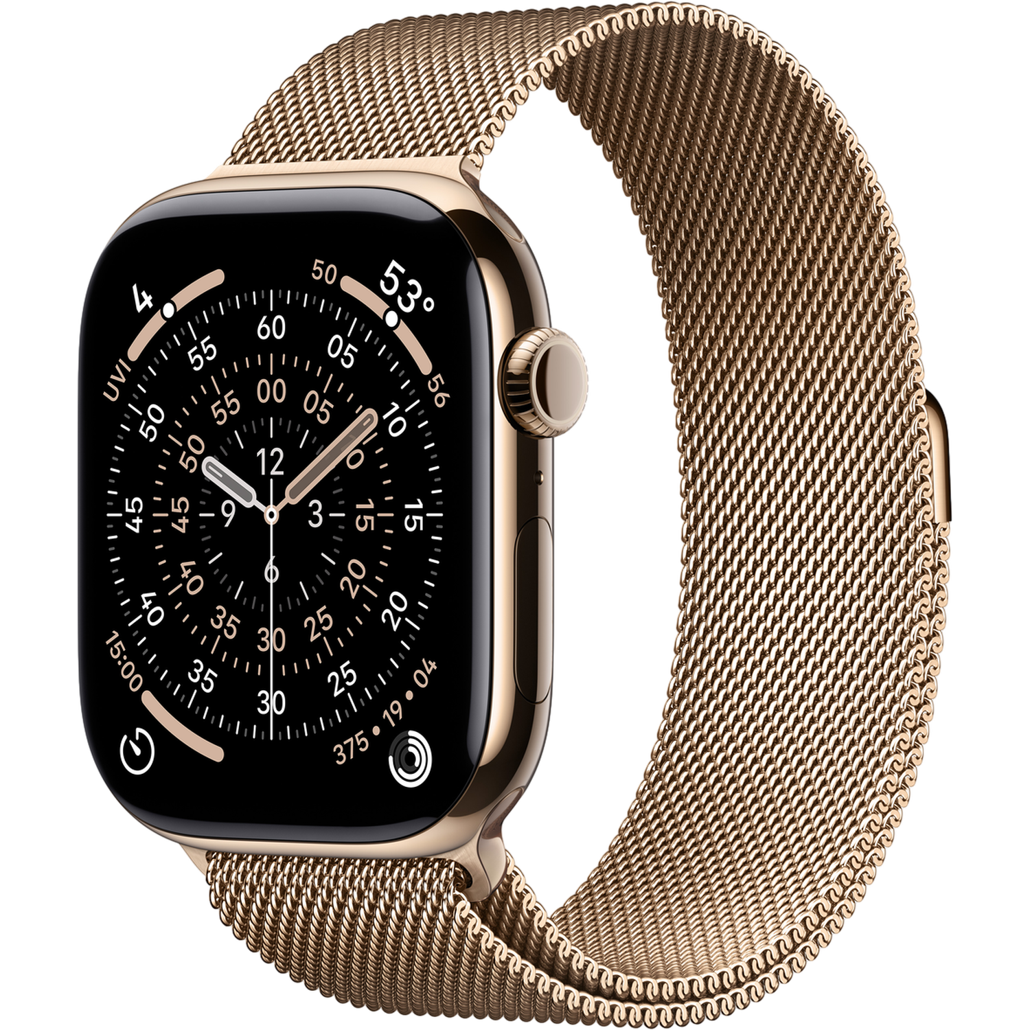 Une Apple Watch dorée avec un bracelet à boucle milanaise affiche l'heure et d'autres mesures sur fond noir.