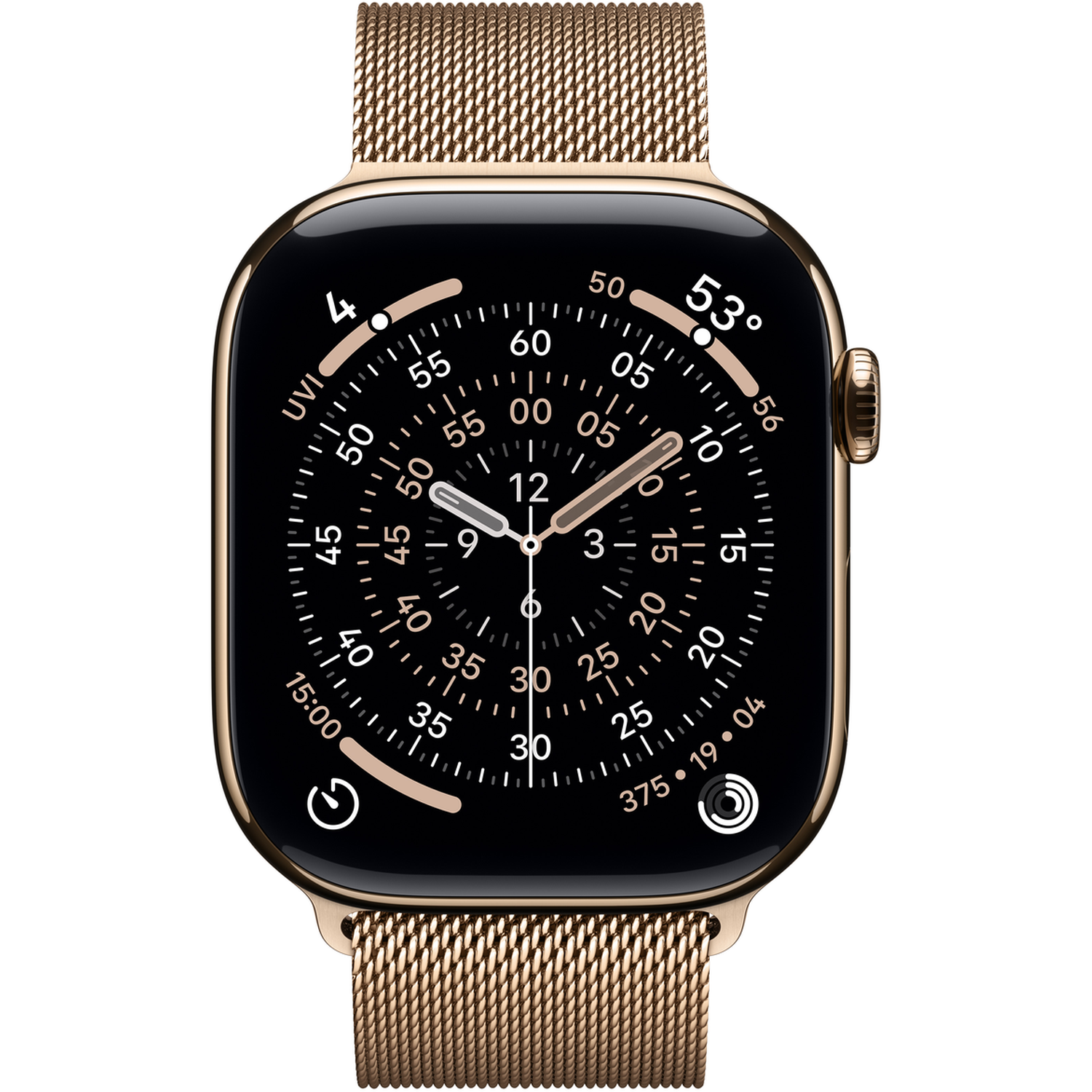 Une Apple Watch dorée avec un écran noir affichant l'heure et d'autres mesures. Le bracelet est en maille dorée.