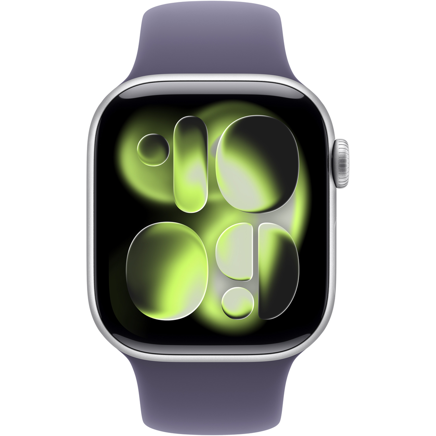Apple Watch with purple band. The watch face shows a green and black digital display with the time 10:09.
