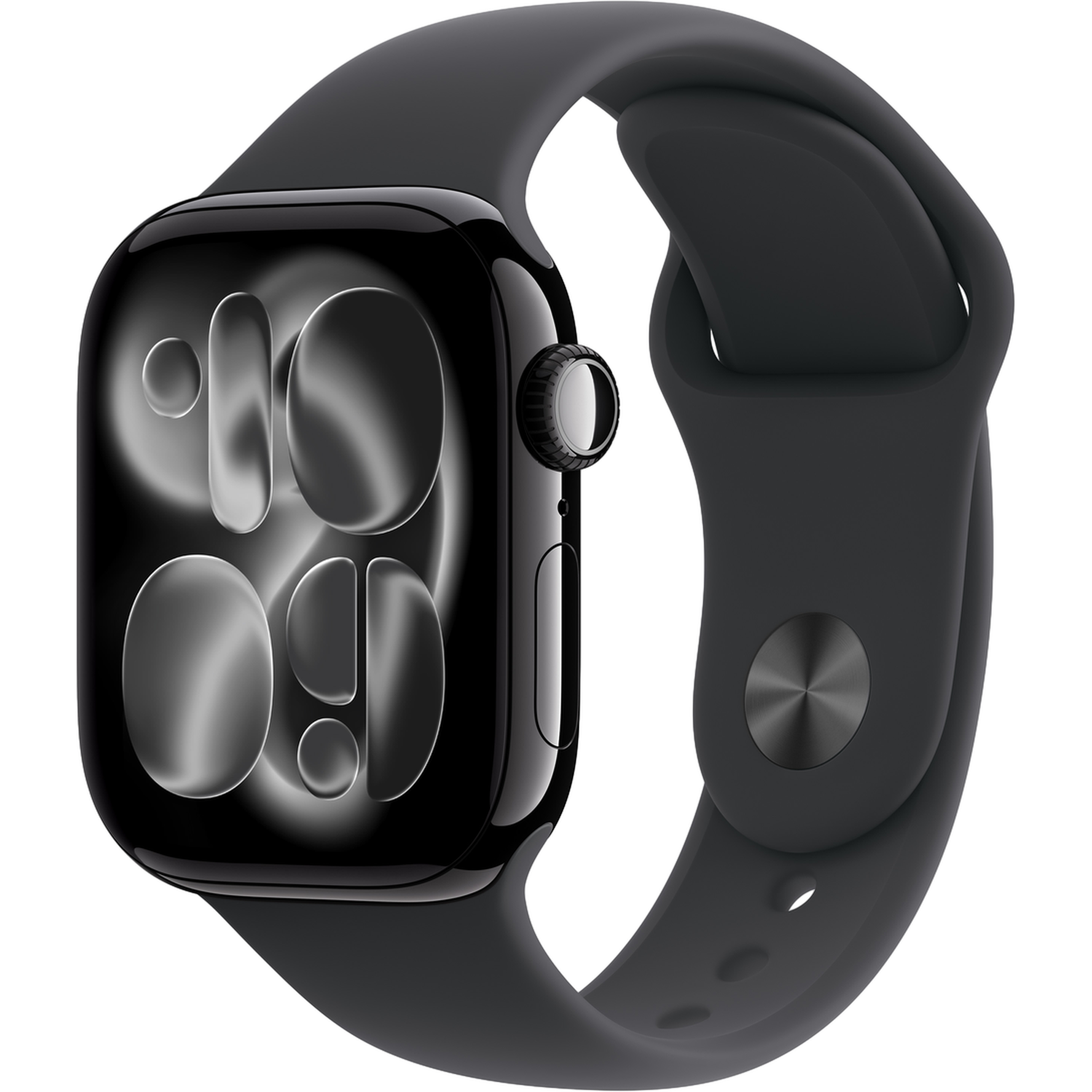 Une Apple Watch noire avec un bracelet gris foncé. Le cadran affiche une horloge numérique. Le fond est noir.