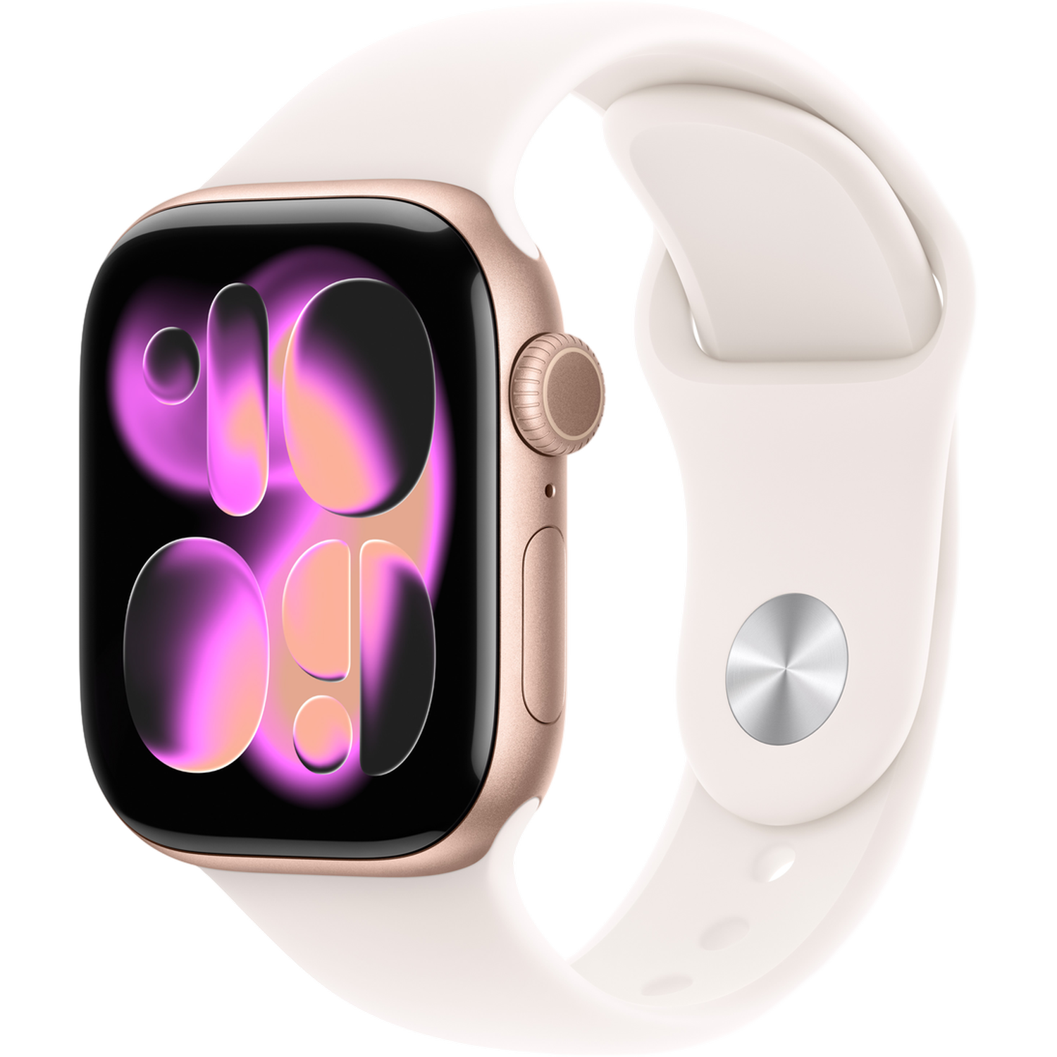 Une Apple Watch or rose avec un bracelet blanc. Le cadran affiche l'heure avec des dégradés roses et oranges.