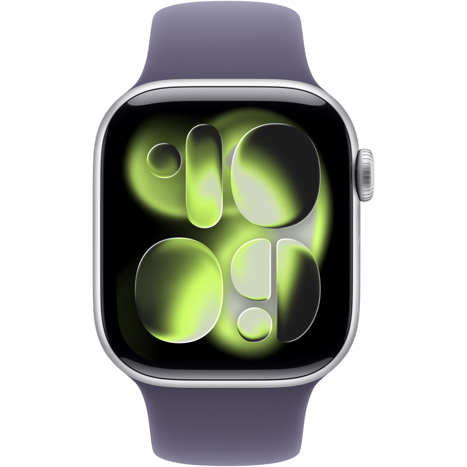 Une smartwatch avec un bracelet violet et un cadre argenté. L'écran affiche l'heure en dégradé vert et blanc.