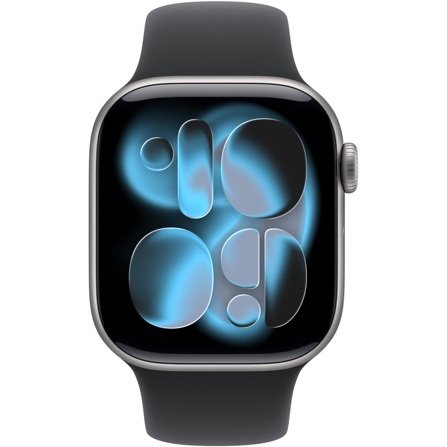 A silver Apple Watch with a dark gray band. The screen displays a blurred blue and black design resembling the time.