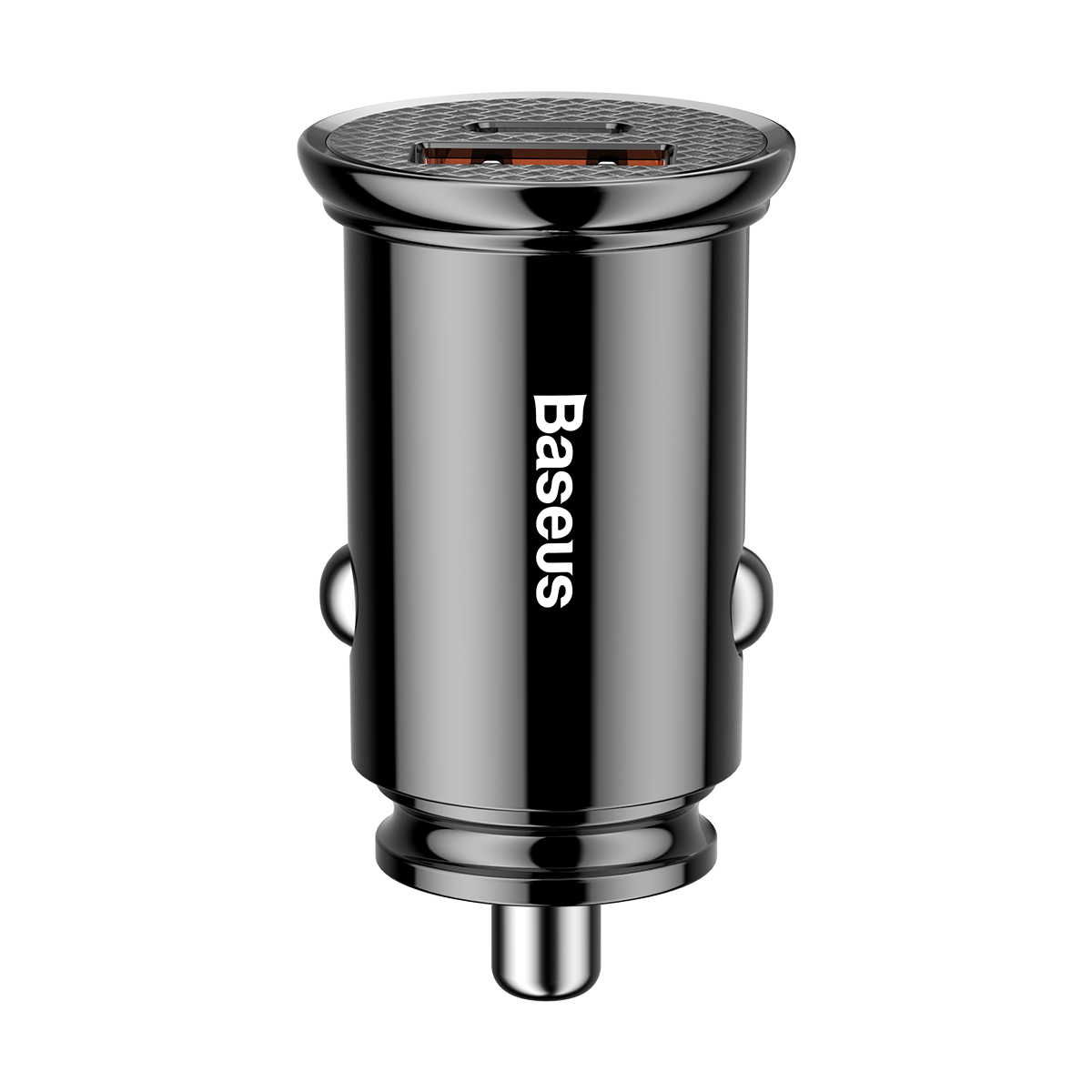 Egy fekete Baseus autós töltő USB porttal. A töltő henger alakú és fényes, fehér Baseus logóval.