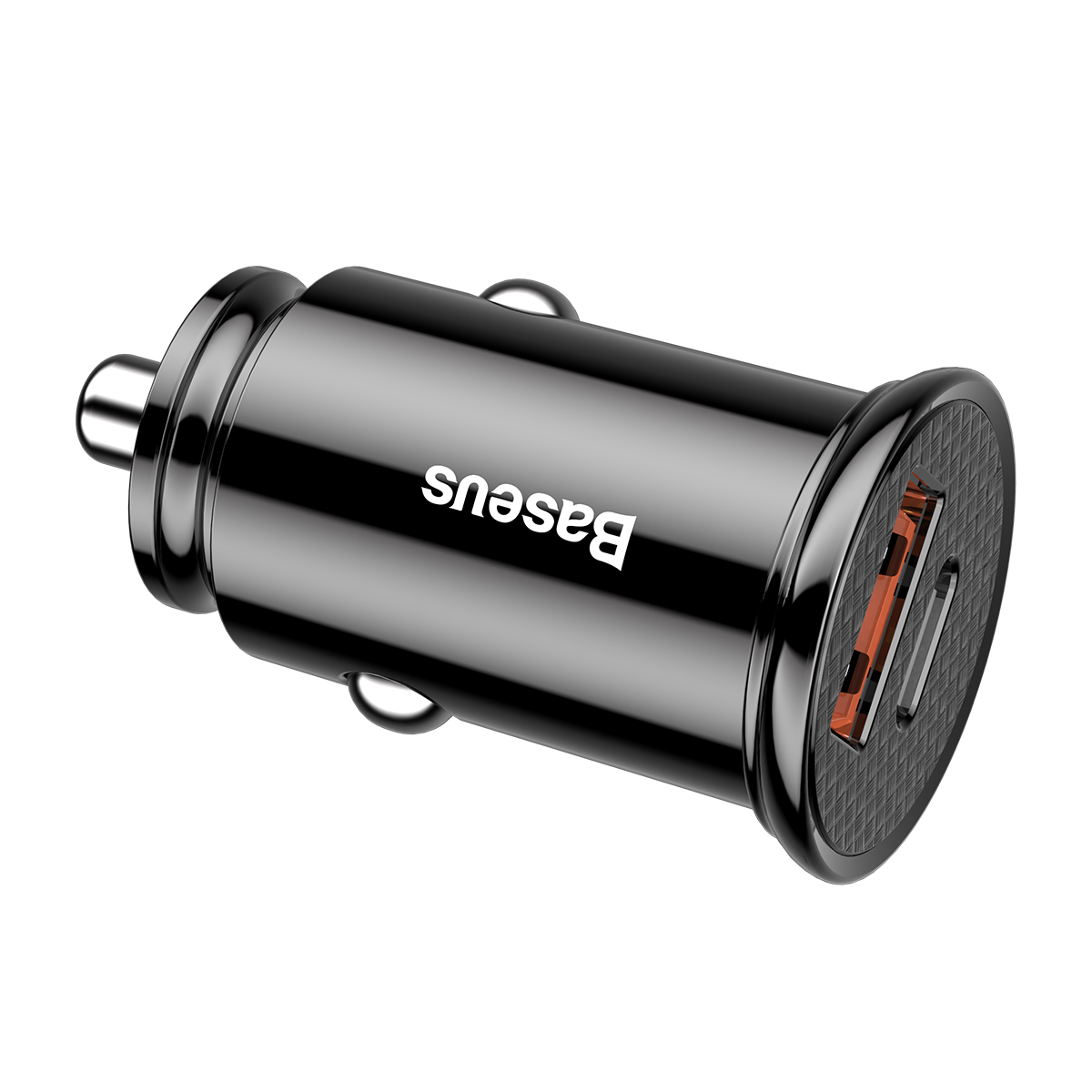 Egy fekete autós töltő a "Baseus" logóval. USB-porttal rendelkezik, narancssárga belsővel és fényes felülettel. Fehér alapon izolálva.