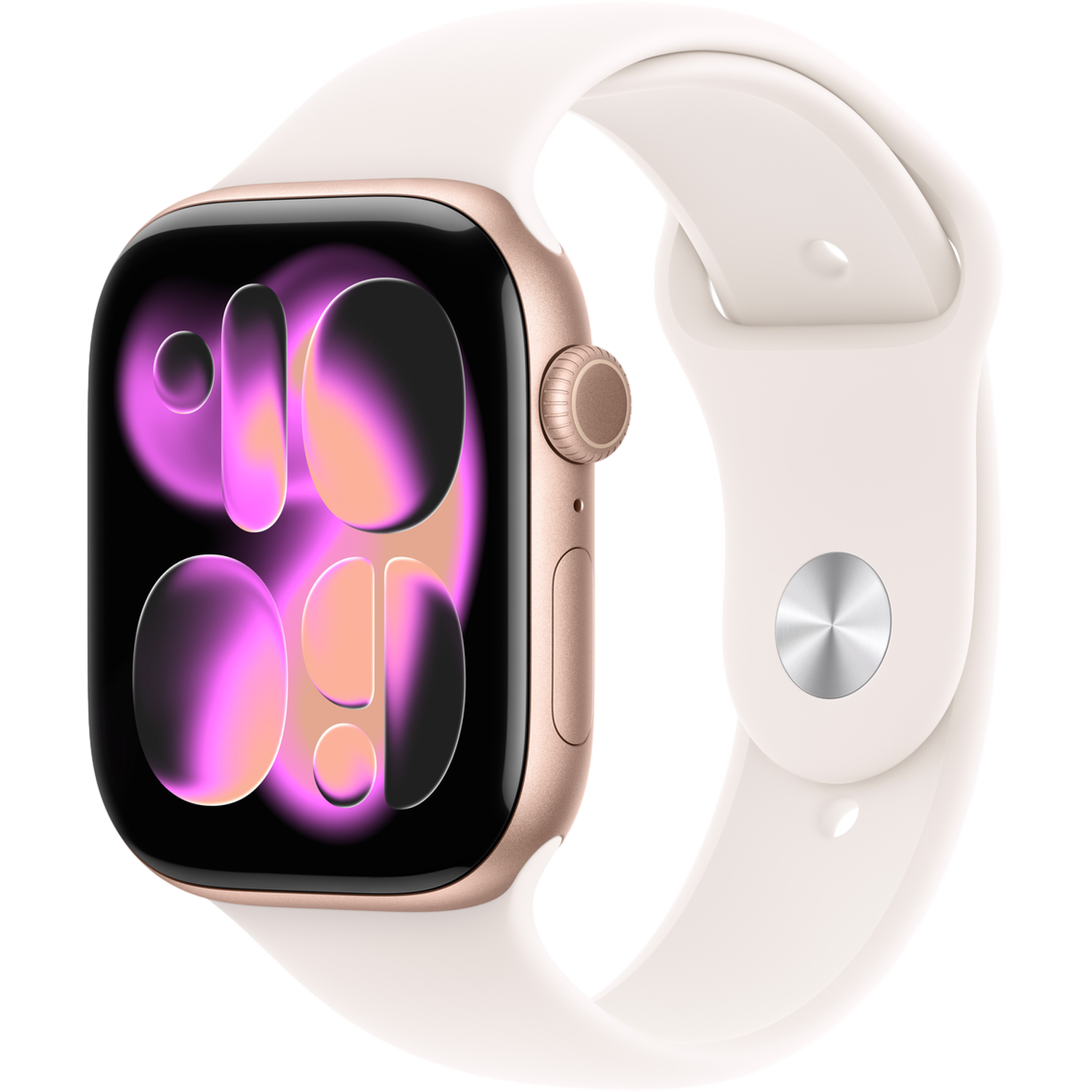 Apple Watch dorée avec bracelet blanc. L'écran affiche l'heure et un dégradé rose et violet. Fond noir.