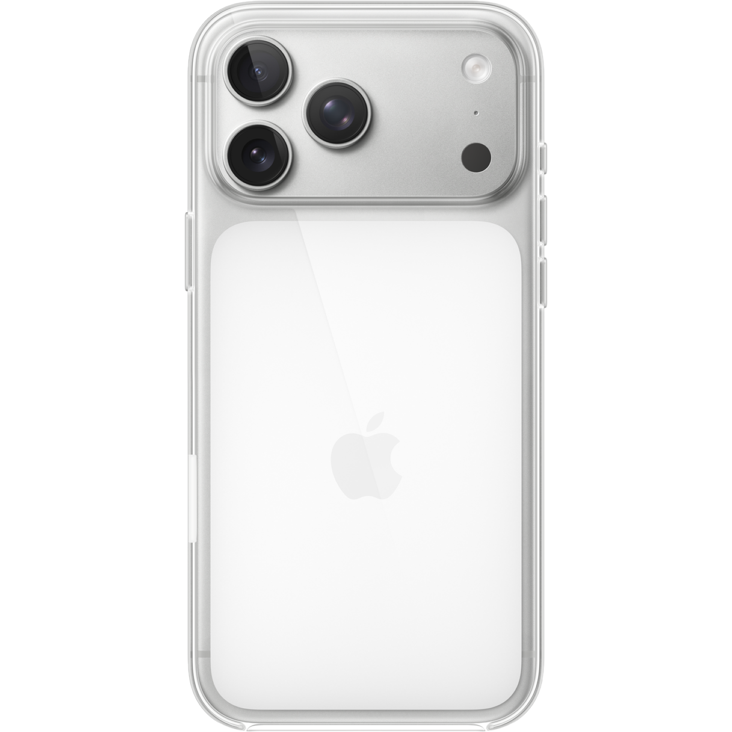 Een doorzichtige telefoonhoes op een witte achtergrond. De hoes heeft een zilverkleurig cameragedeelte met meerdere lenzen. Een Apple-logo is zichtbaar.