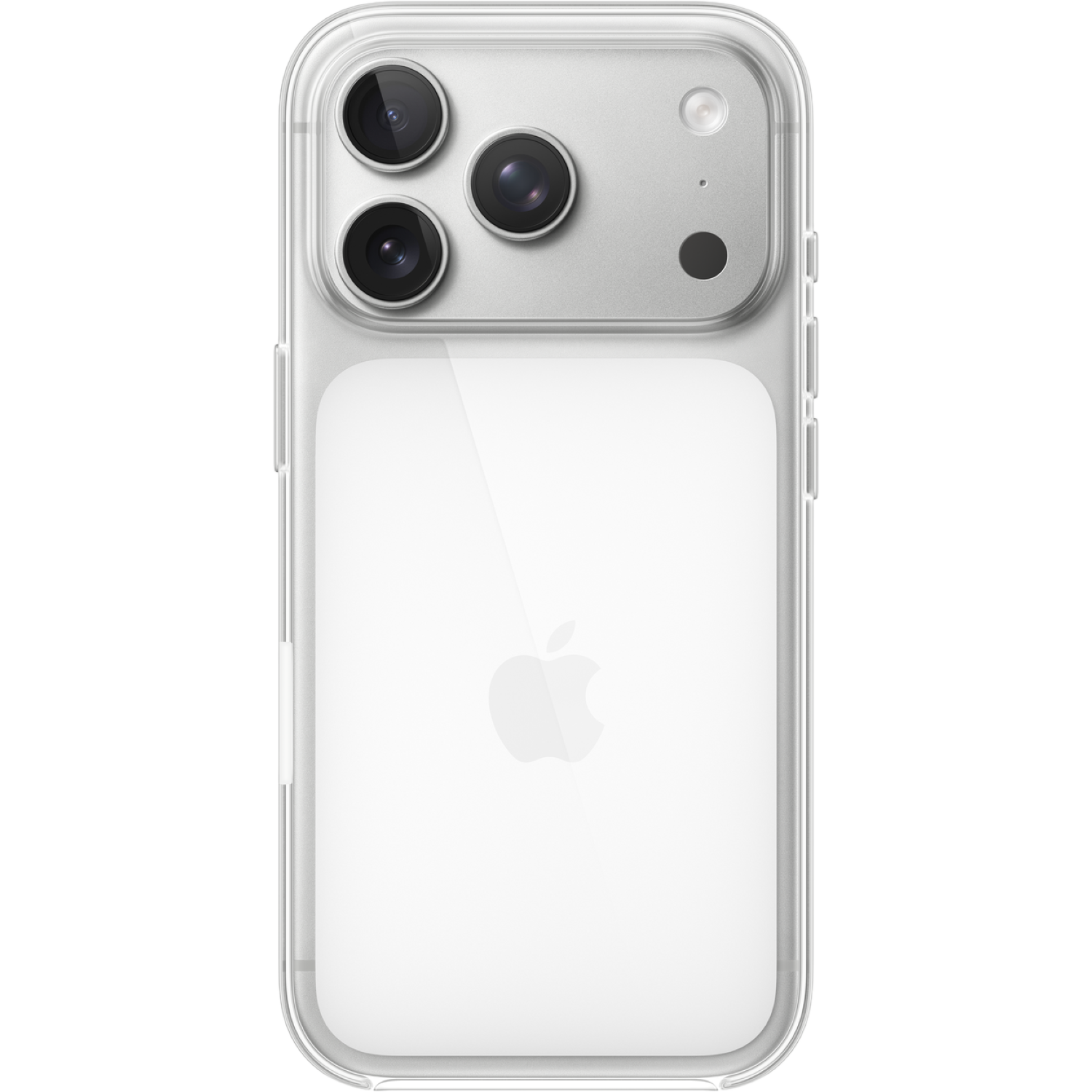 Een doorzichtige telefoonhoes op een witte iPhone. De cameralenzen en het Apple-logo zijn zichtbaar. De hoes is transparant.