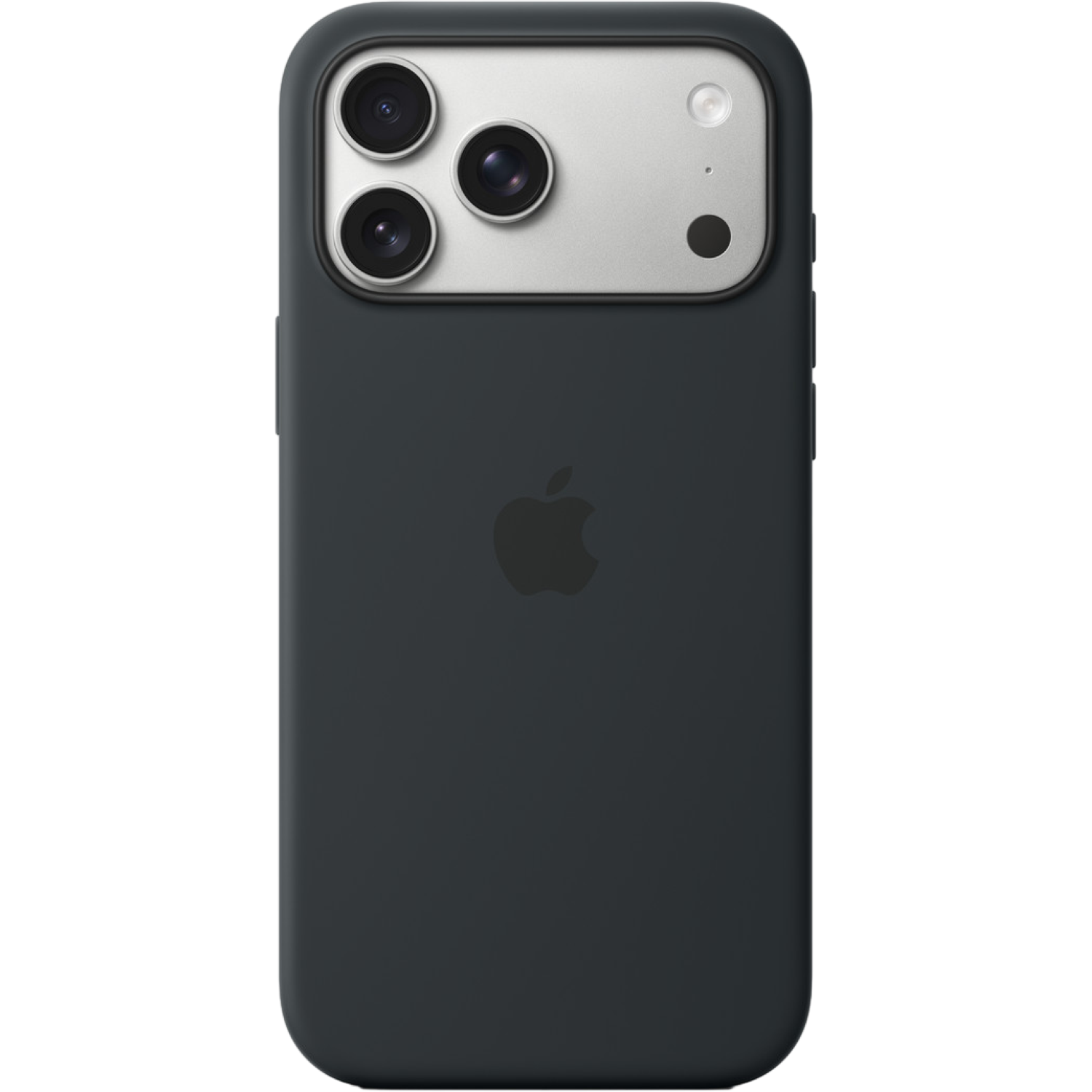 Een donkergrijze iPhone met drie cameralenzen en een flitser. Het Apple-logo is zichtbaar. De achtergrond is effen zwart.