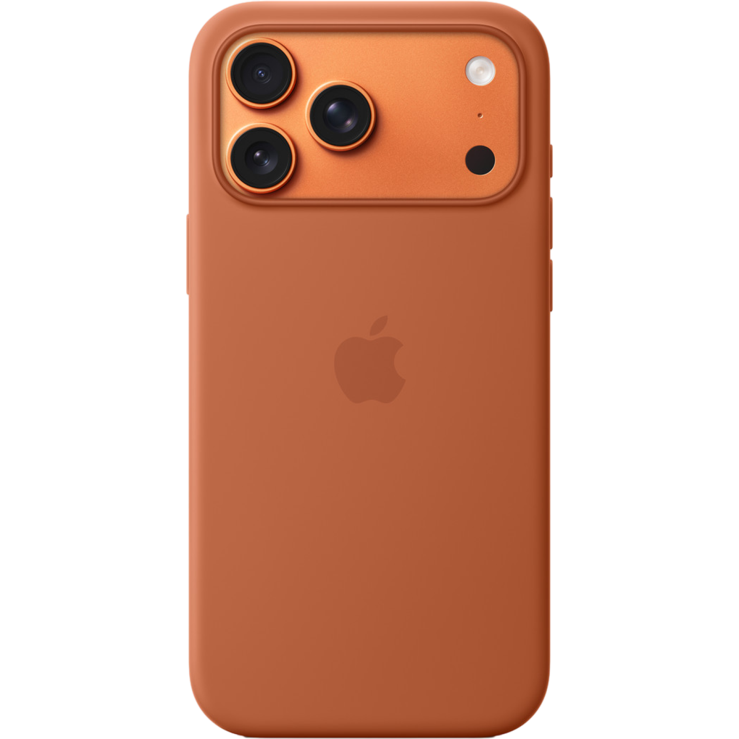 Een oranje iPhone achterkant met een Apple logo. Het heeft een cameramodule met drie lenzen en een flitser.