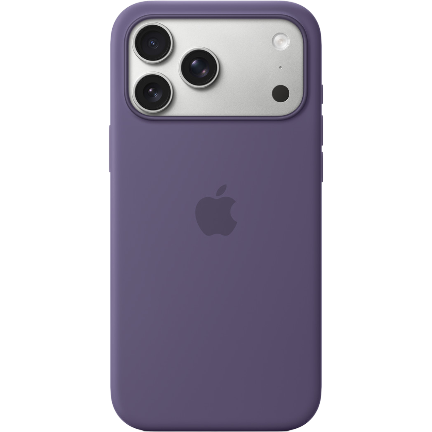 Paarse iPhone-hoes met zilveren camera, drie lenzen, een flitser en een Apple-logo.
