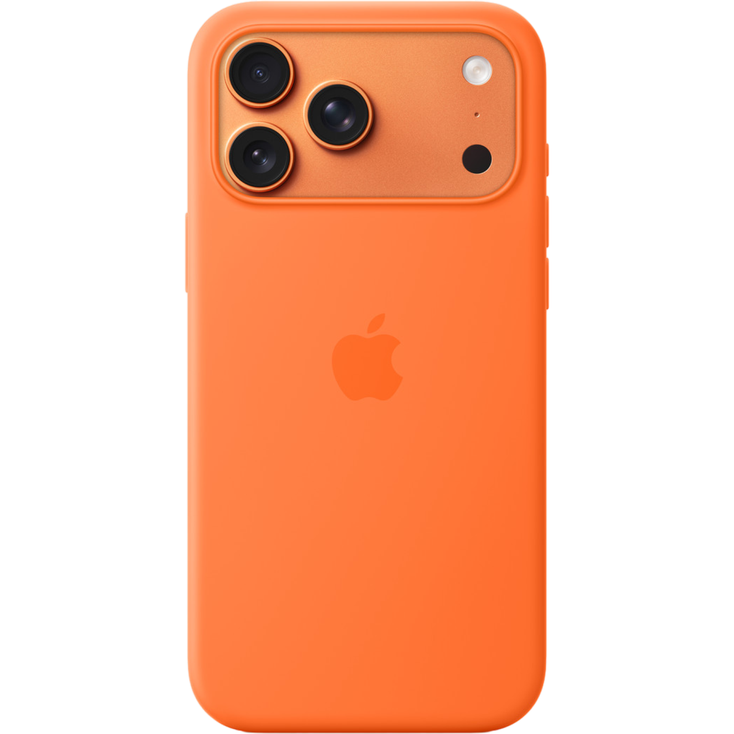Een oranje iPhone-hoesje met drie cameralenzen en een flitser. Een Apple-logo staat in het midden, tegen een zwarte achtergrond.