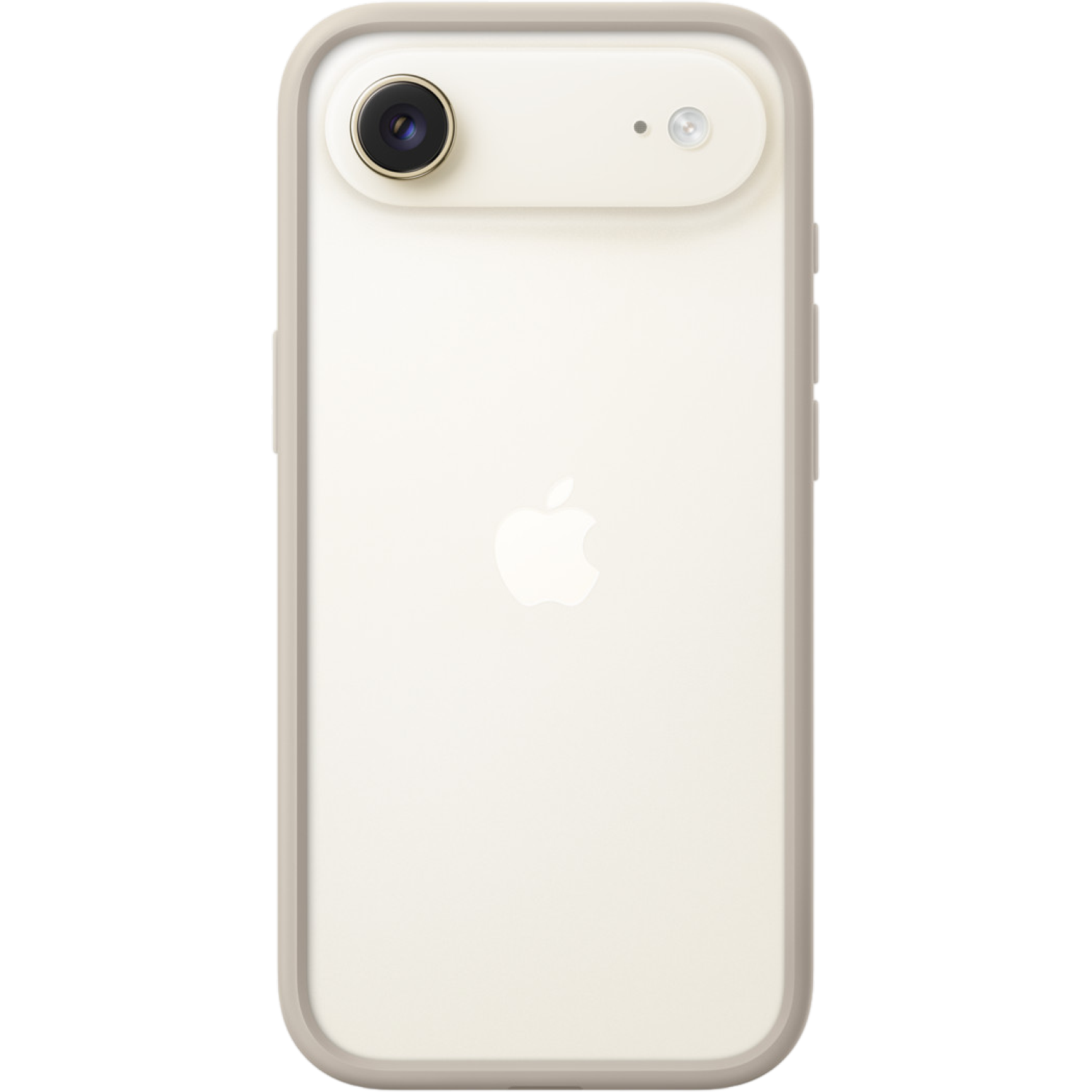 iPhone crème avec étui de protection. Le téléphone a une caméra et un logo Apple. L'étui est beige clair.