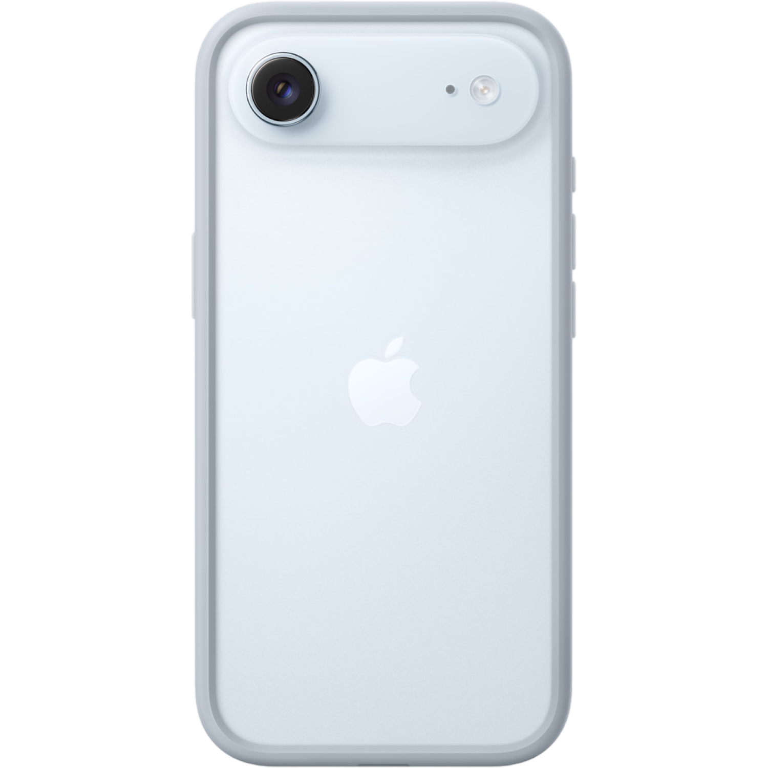 Un iPhone bleu clair, vue arrière. Comprend une caméra, un flash et le logo Apple. Il est dans un étui transparent. Le fond est noir.