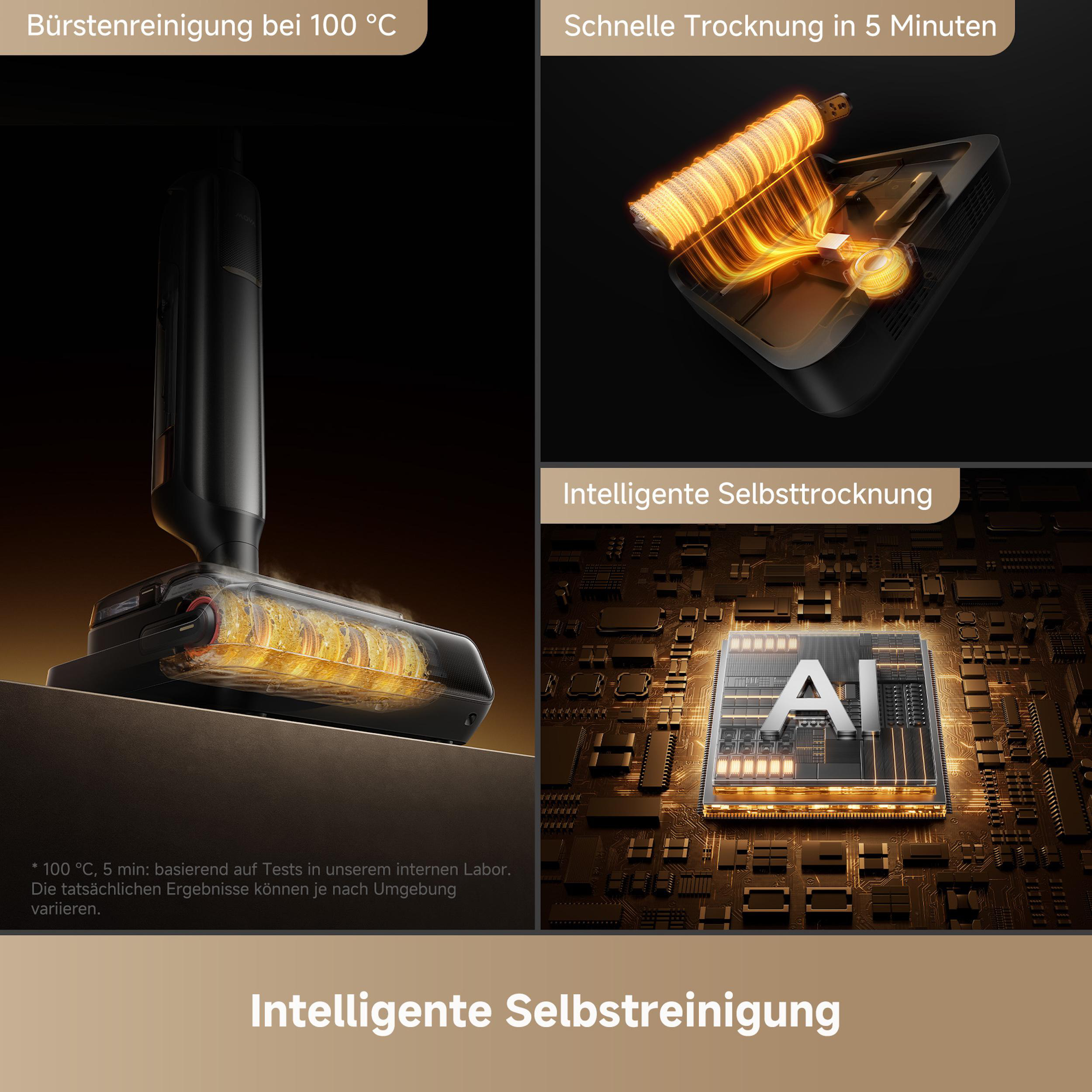 Elektronisches Gerät mit KI-Chip und Staubsauger, der Reinigungs- und Trocknungsfunktionen zeigt.