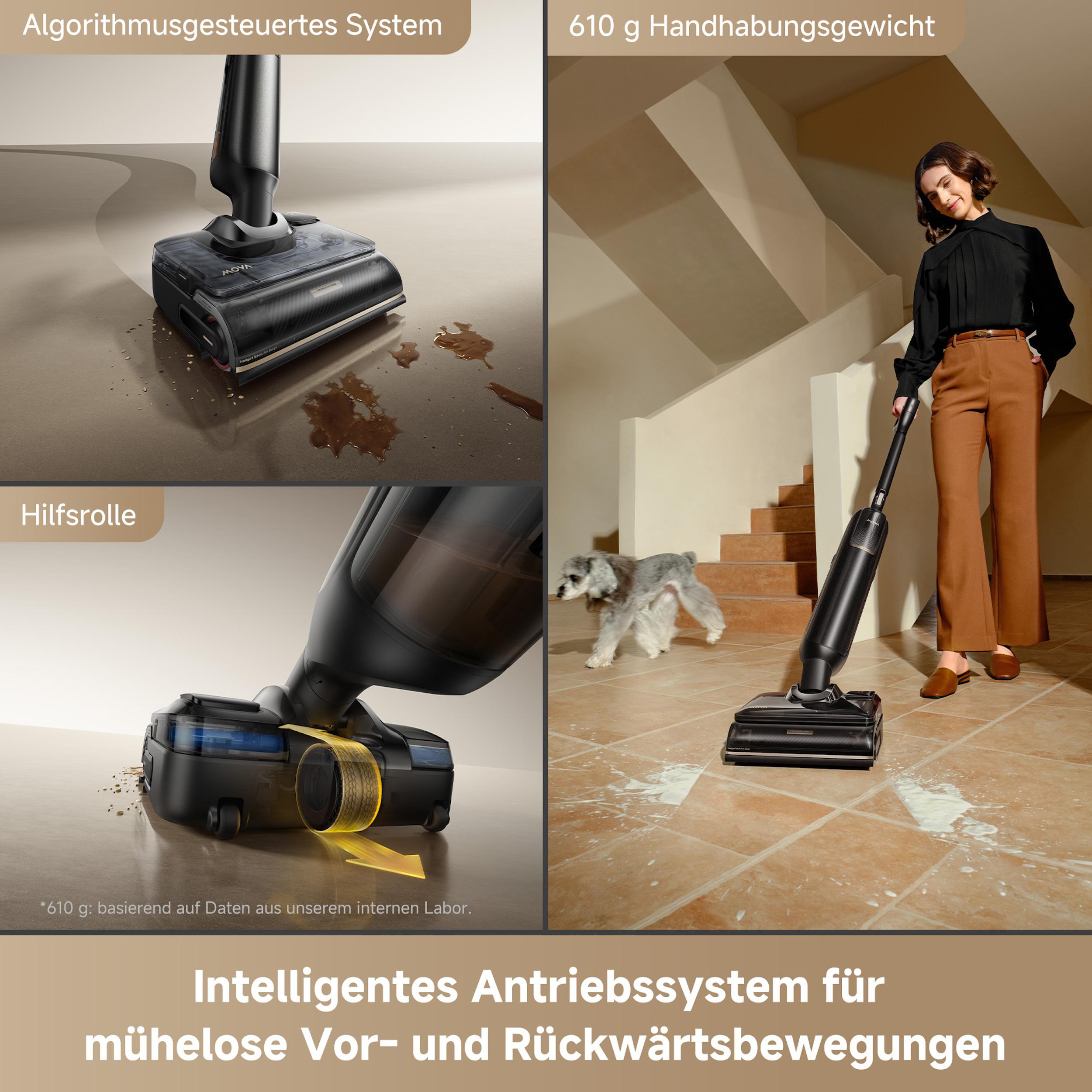 Frau benutzt Staubsauger auf Fliesenboden. Ein Hund geht im Hintergrund. Teile des Staubsaugers werden gezeigt.
