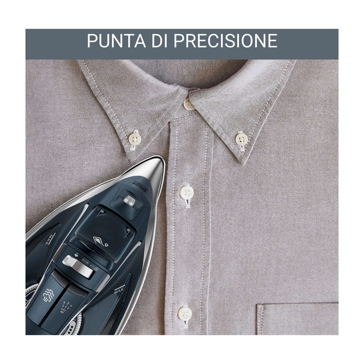 Un ferro da stiro su una camicia grigia. Il ferro è nero e argento. La camicia è abbottonata con bottoni bianchi.