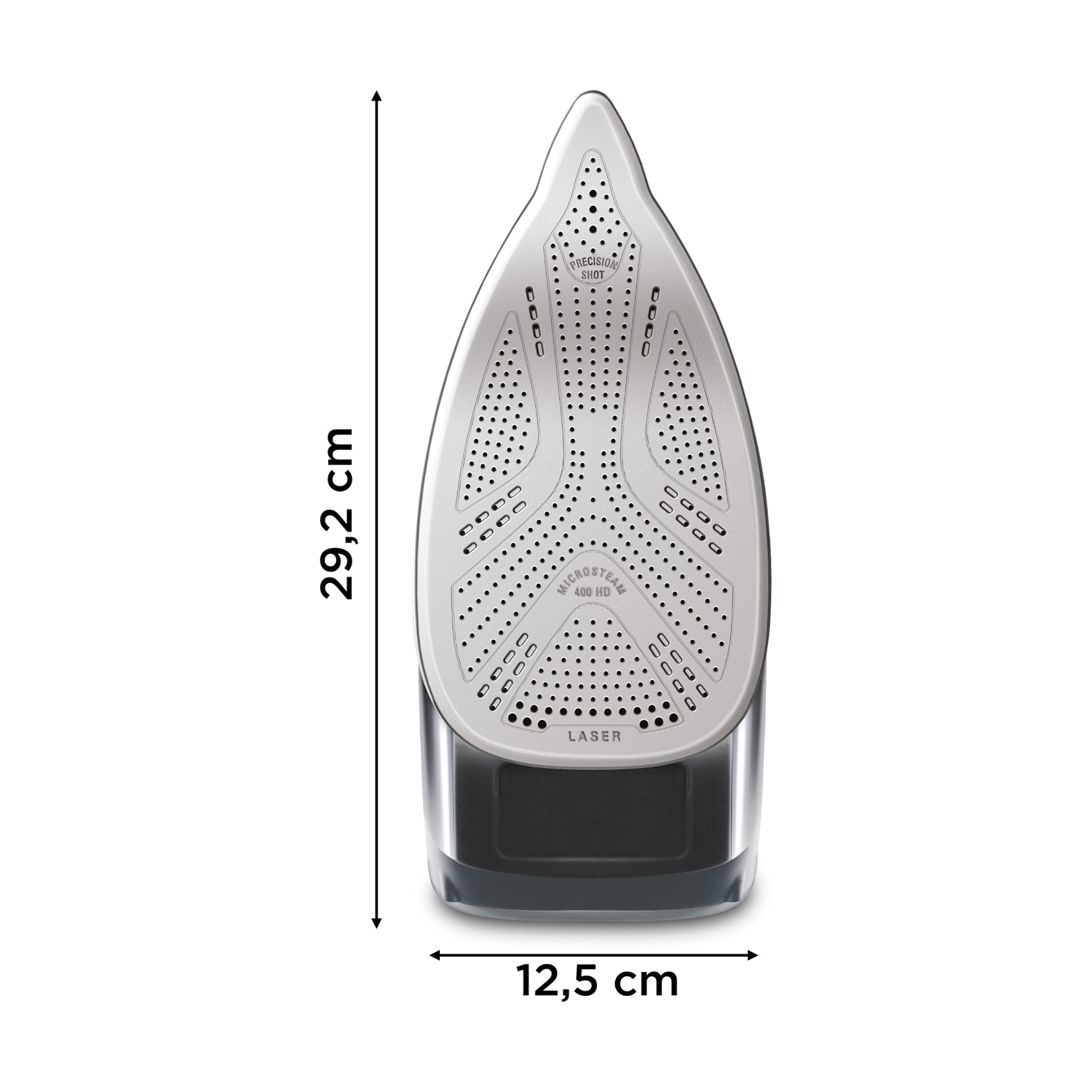 Un ferro da stiro bianco e nero con dimensioni etichettate. La piastra del ferro ha fori e testo: MICROSTEAM 400 HD, PRECISION SHOT e LASER.