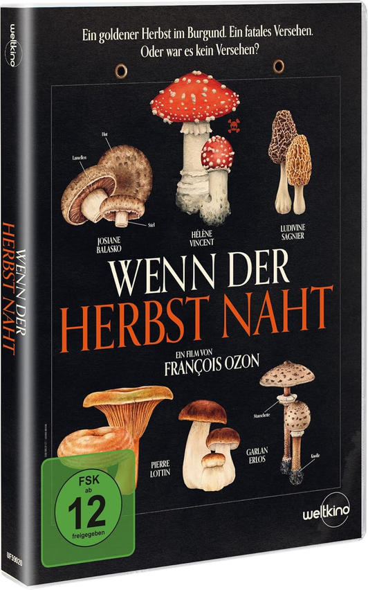 DVD-Cover mit Pilzillustrationen. Titel: Wenn Der Herbst Naht. Schauspieler: Josiane Balasko, Hélène Vincent, Ludivine Sagnier.
