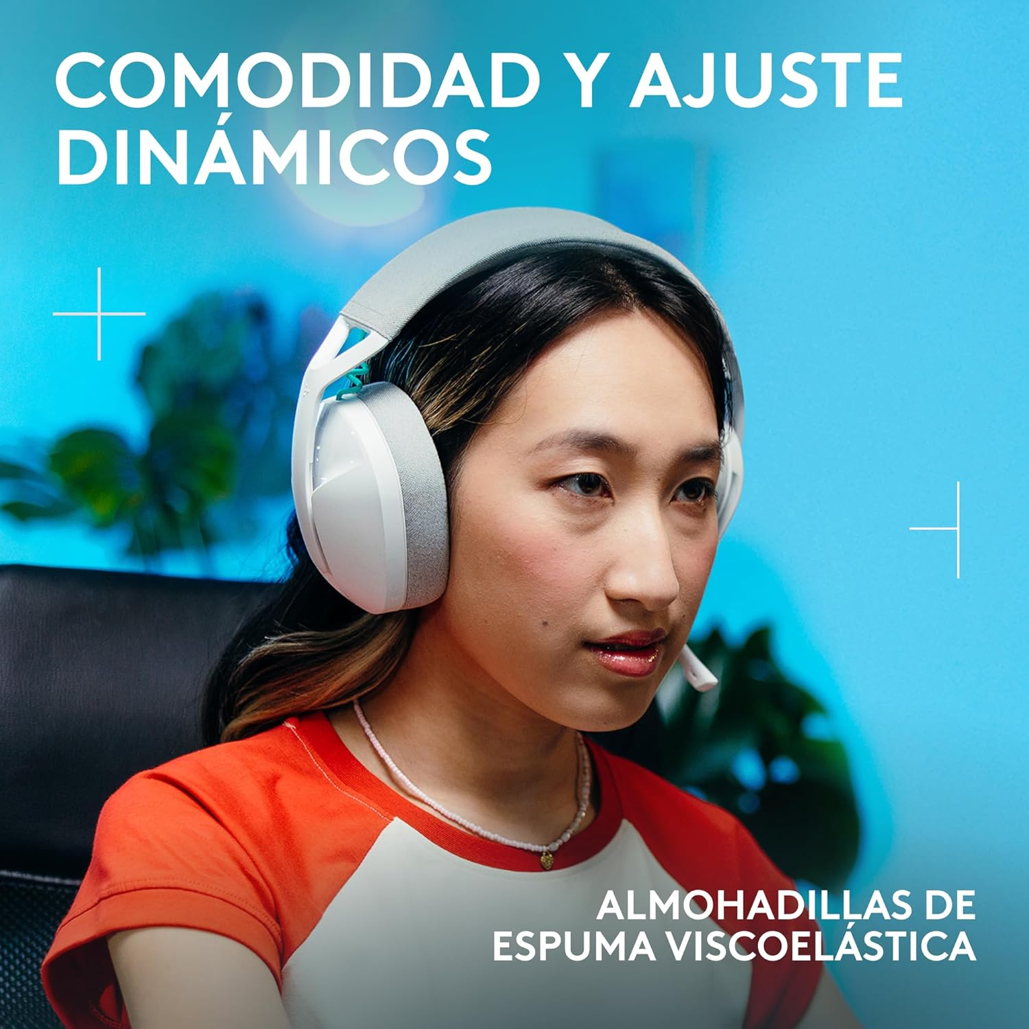 Auriculares blancos con comodidad, ajustes dinámicos y almohadillas viscoelásticas
