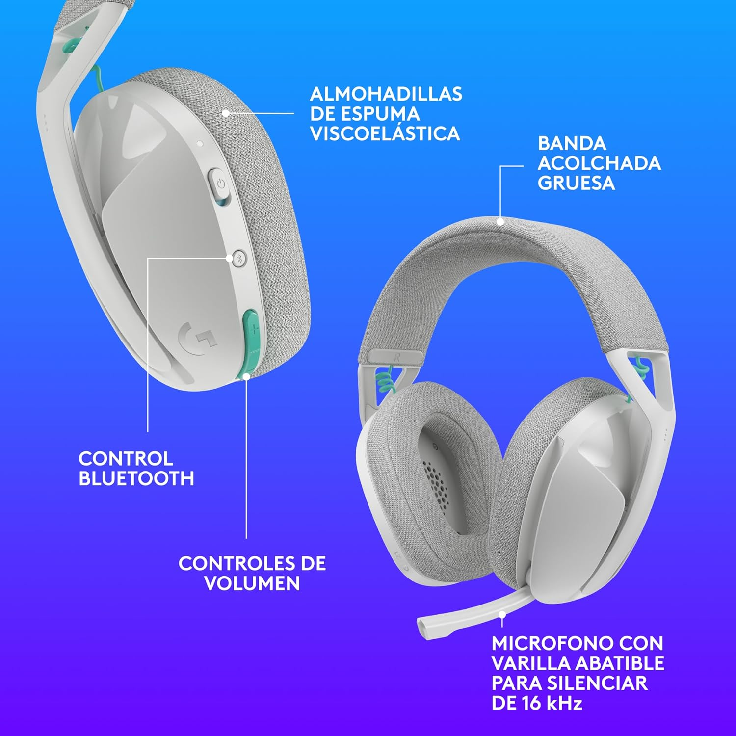 Auriculares con control Bluetooth, controles de volumen y almohadillas de espuma viscoelástica.