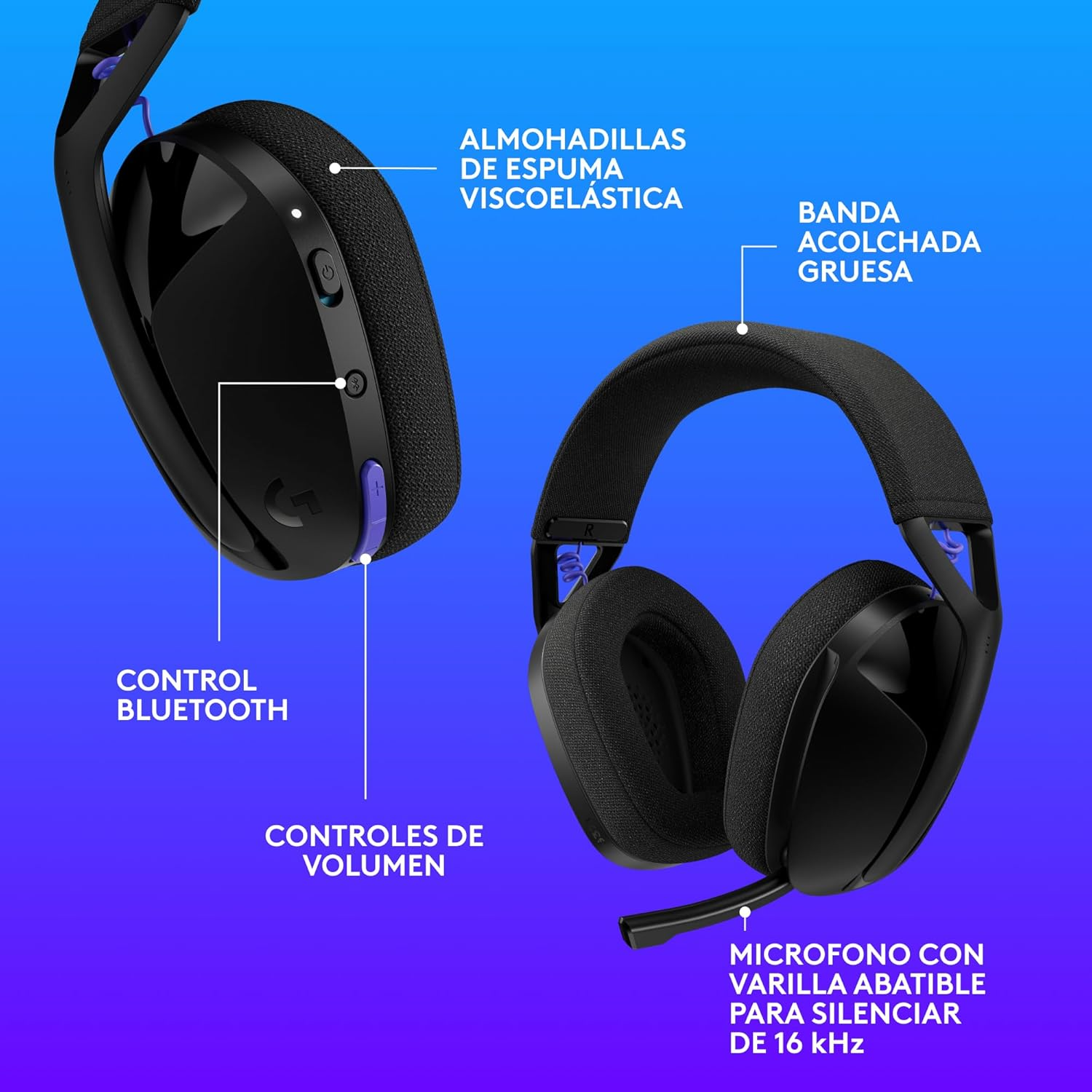 Auriculares gaming negros con Bluetooth, controles de volumen, diadema acolchada y micrófono plegable.