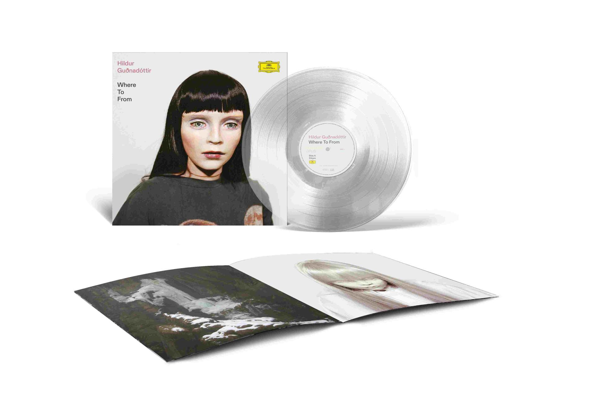 Albumcover mit Frauengesicht und Schallplatte. Das Album trägt den Titel 'Where To From' von Hildur Guðnadóttir.