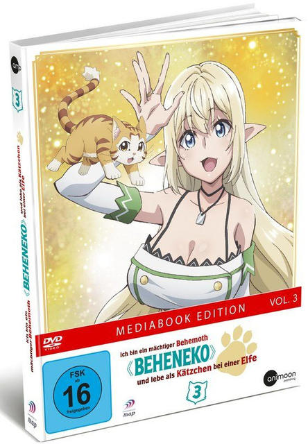 Anime-Mediabook: Blonde Elfe mit Katze, gelber Hintergrund, DVD-Infos.