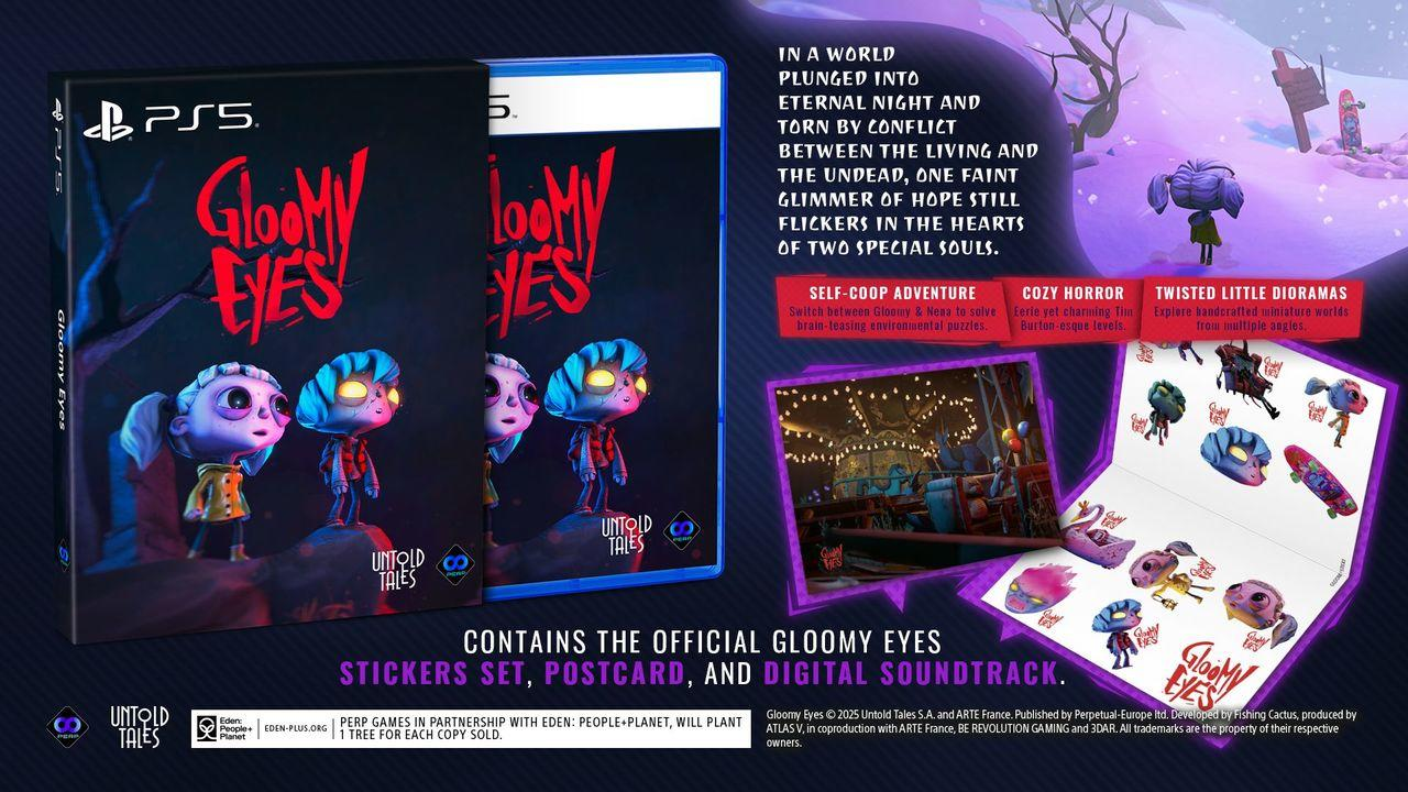Spielbox-Art für Gloomy Eyes. Enthält Spielfiguren und ein Aufkleber-Set, eine Postkarte und einen digitalen Soundtrack.