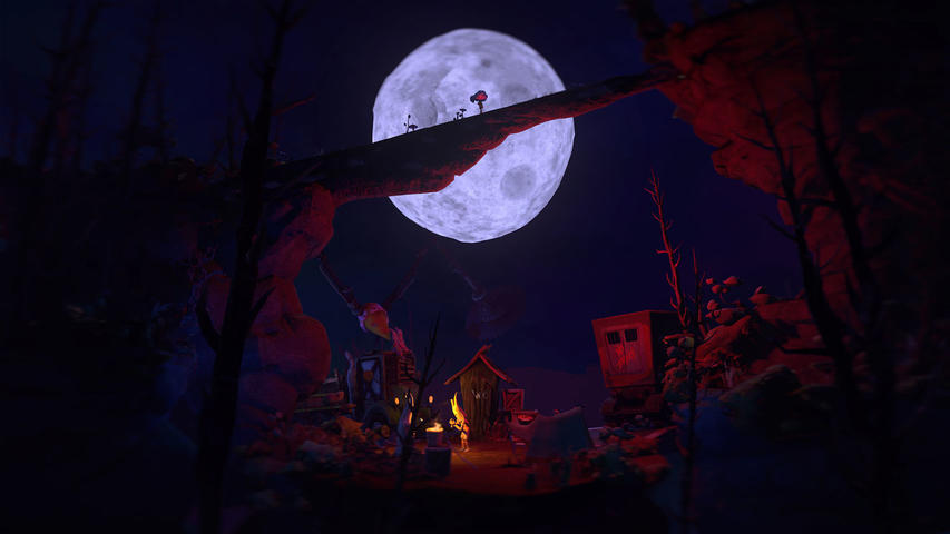 Nachtszenen mit Mond. Figuren auf einer Brücke. Ein kleines Dorf mit Lagerfeuer unten. Rote und blaue Beleuchtung.