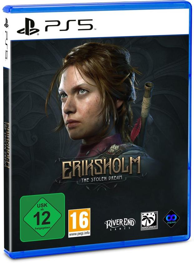 Spielcover für Eriks Holm. Eine Frau mit Schwert und Federn ist abgebildet. Das PS5-Logo befindet sich oben.