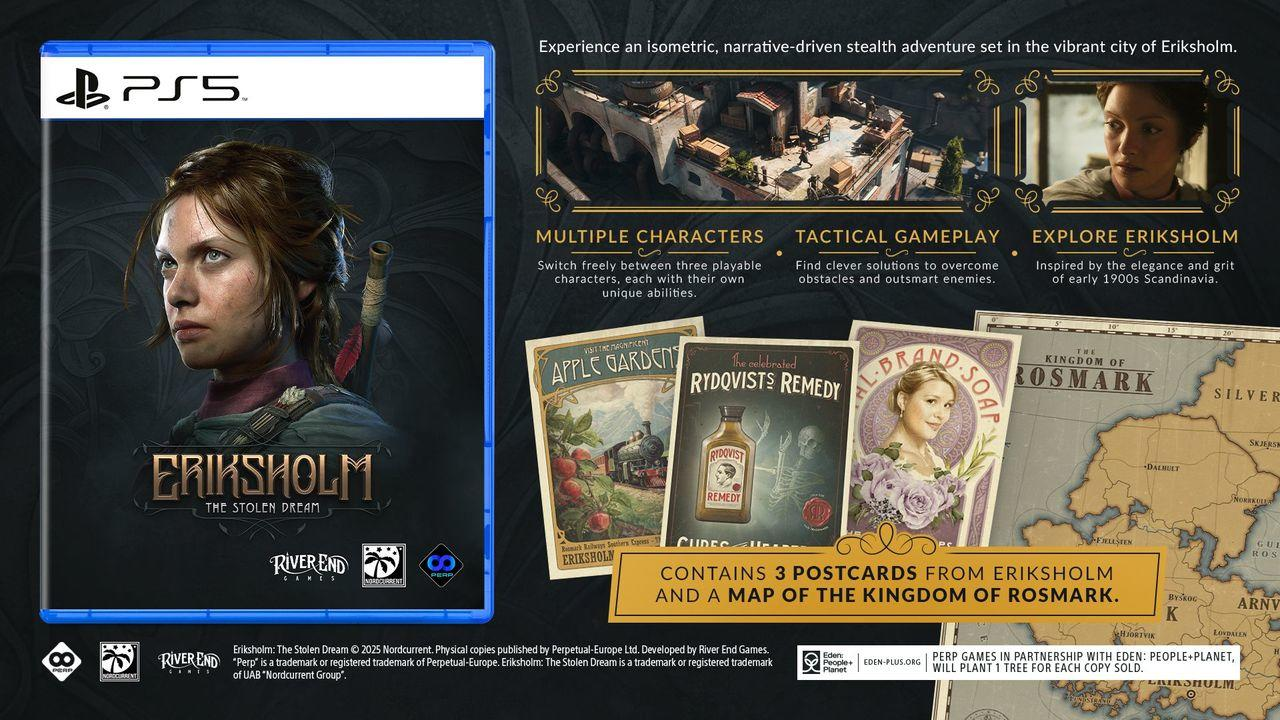 Das Spielcover zeigt eine Frau und den Titel 'Eriksholm'. Zu den Features gehören mehrere Charaktere, taktisches Gameplay und Erkundung.