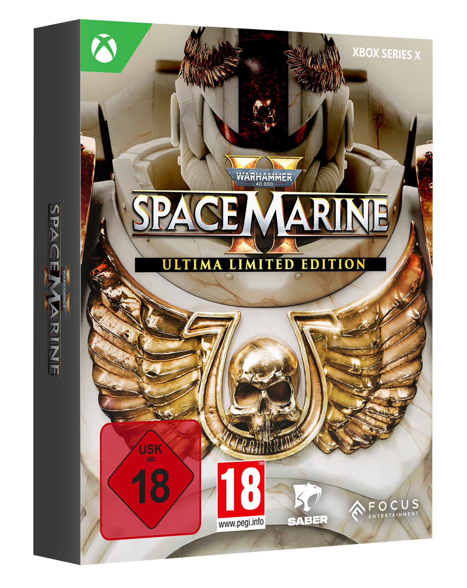 Okładka Space Marine II Ultima Limited Edition Xbox Series X ze złotym emblematem czaszki.