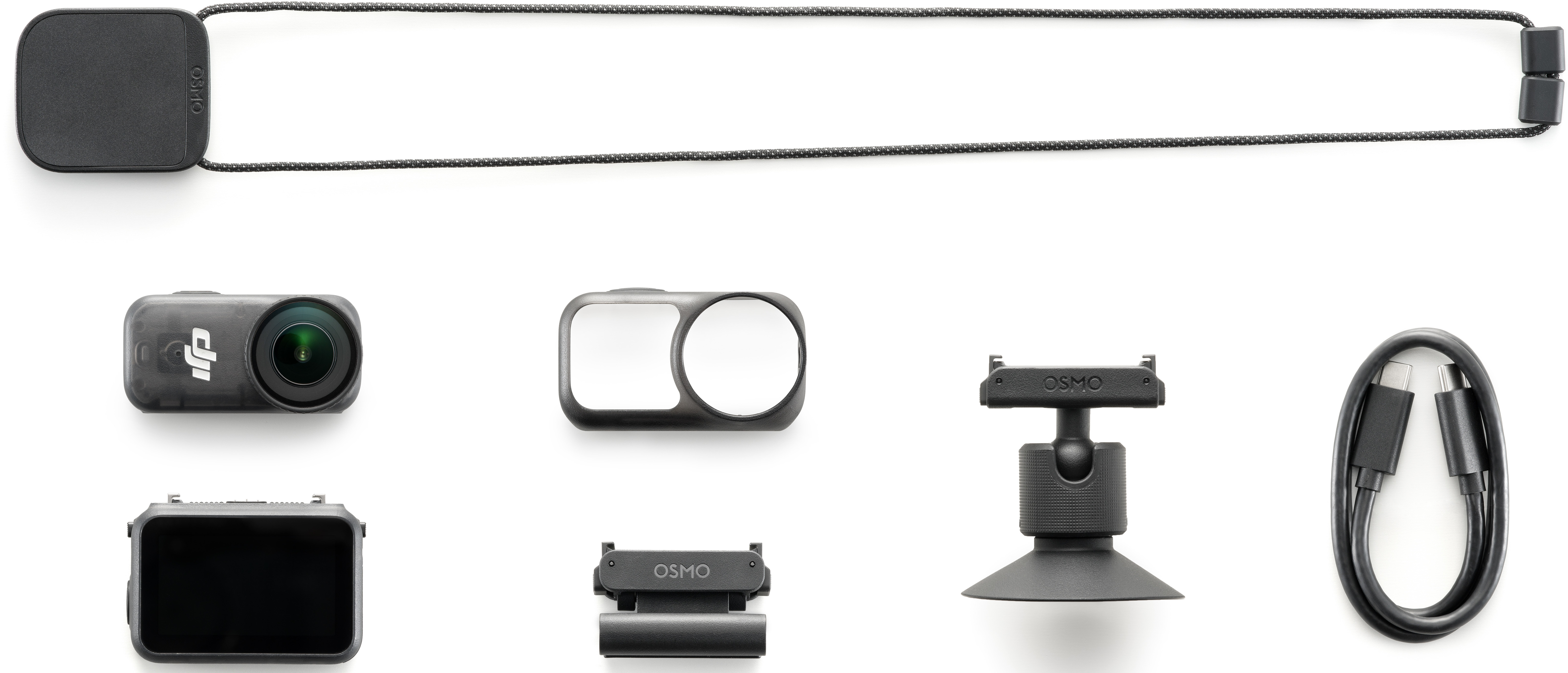 DJI Osmo Action Kamera-Kit. Enthält Kamera, Bildschirm, Rahmen, Halterung, Ladegerät und Lanyard mit schwarzen Zubehör.
