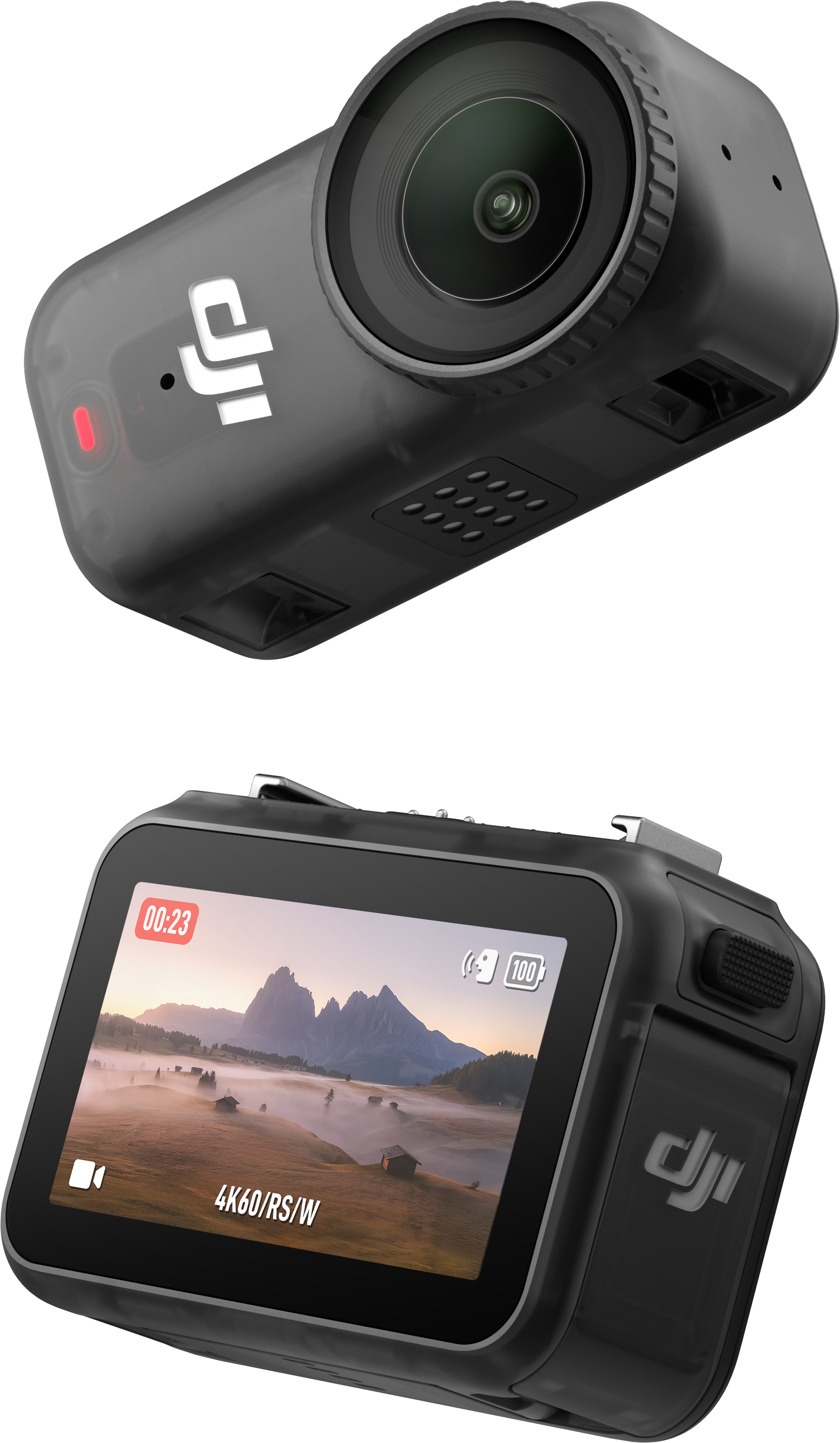 Une caméra d'action noire avec un écran affichant un paysage. La caméra porte le logo DJI. L'écran montre une montagne.