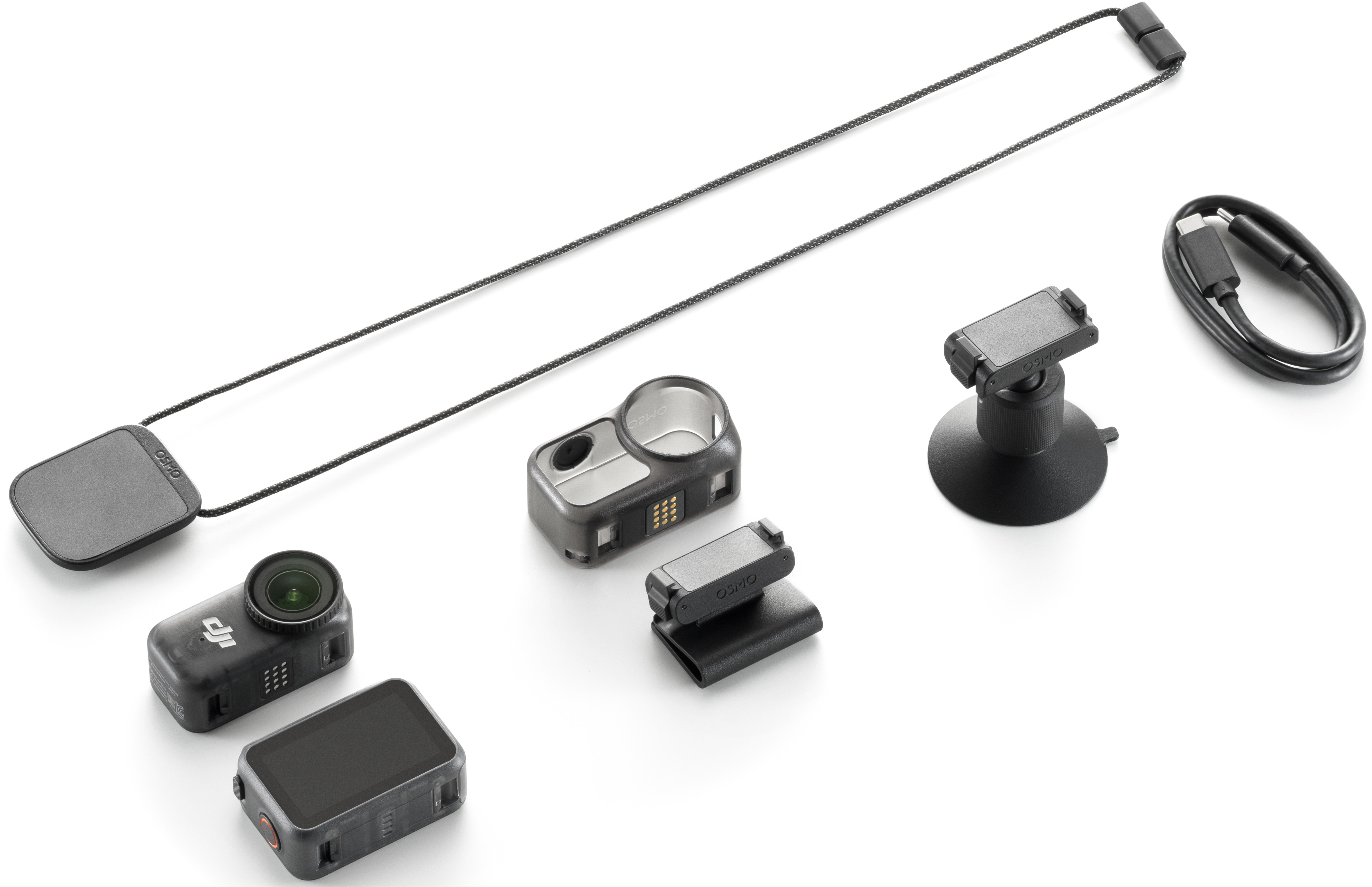 Kit caméra DJI Osmo sur fond blanc. Comprend caméra, support, étui, câble et tour de cou.