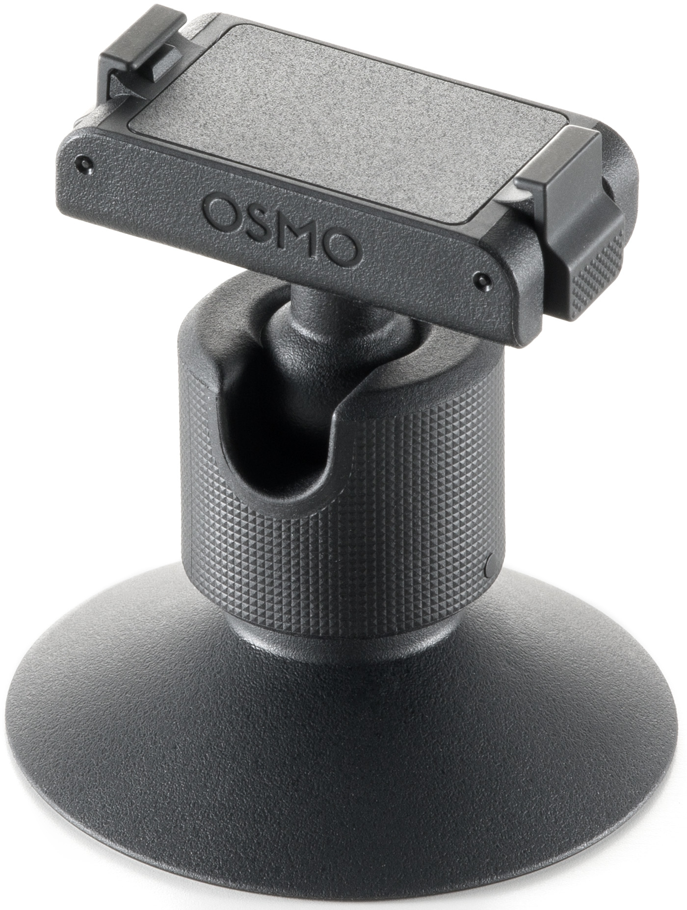 Ein schwarzer Osmo-Telefonhalter mit Saugnapf. Der Halter hat eine strukturierte Oberfläche und verstellbare Komponenten.