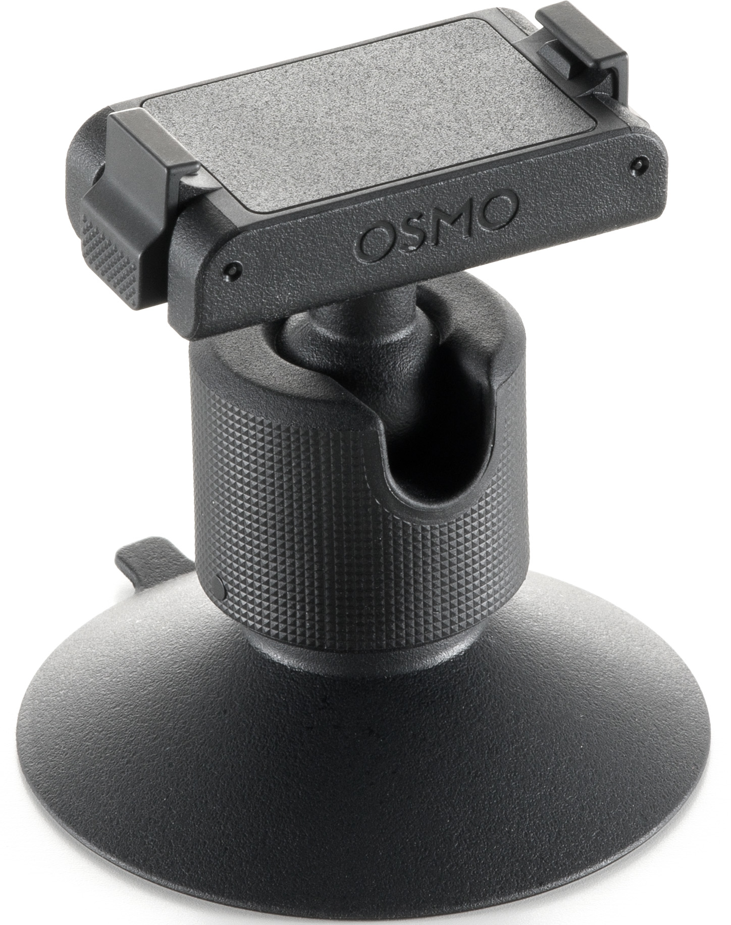 Schwarze Osmo-Telefonhalterung mit Saugnapf. Verfügt über eine Telefonhalterung, einen verstellbaren Arm und einen strukturierten Griff.